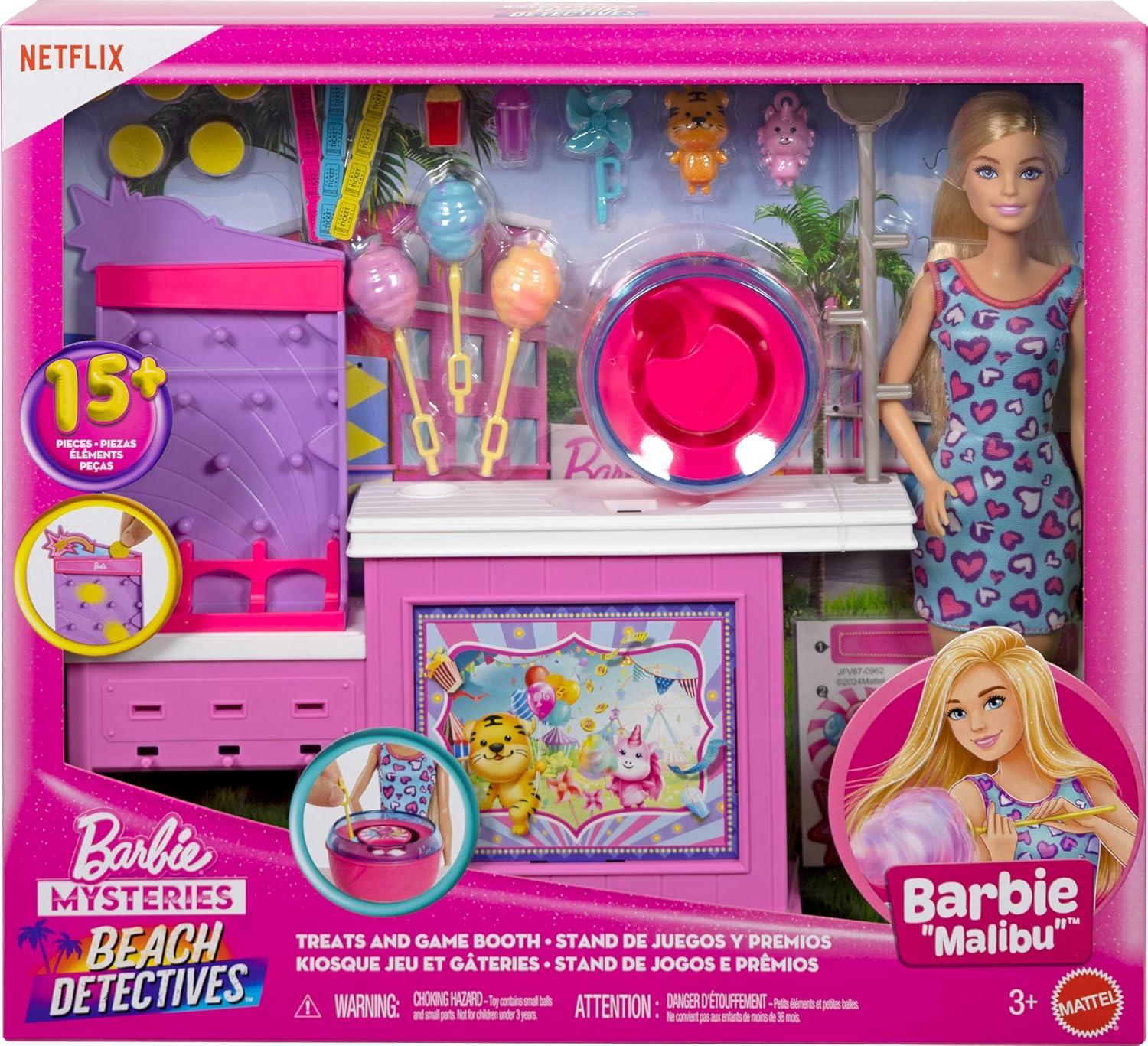 imageBarbie Mysteries Beach Detectives Malibu Doll amp Cotton Candy Game Booth Playset with 20 Accessories Including Prizes