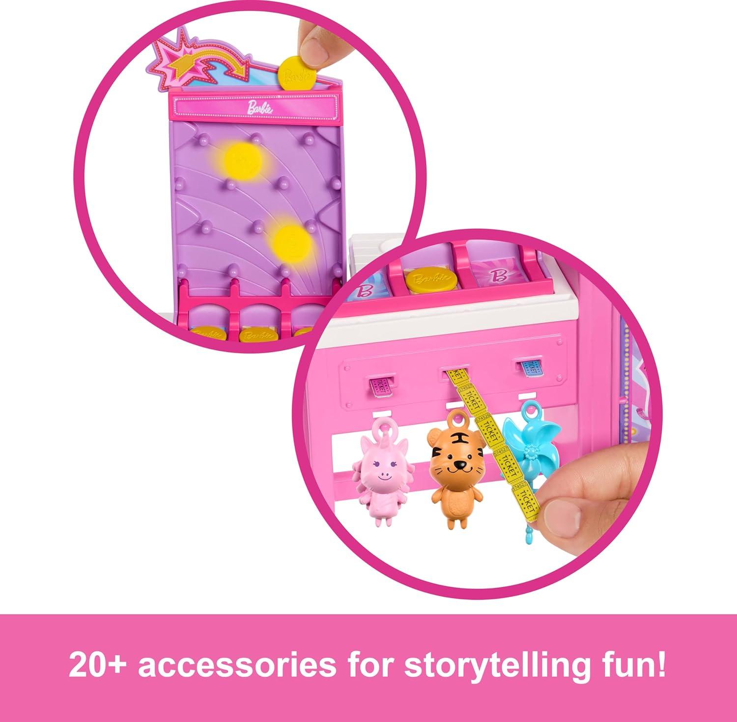 imageBarbie Mysteries Beach Detectives Malibu Doll amp Cotton Candy Game Booth Playset with 20 Accessories Including Prizes