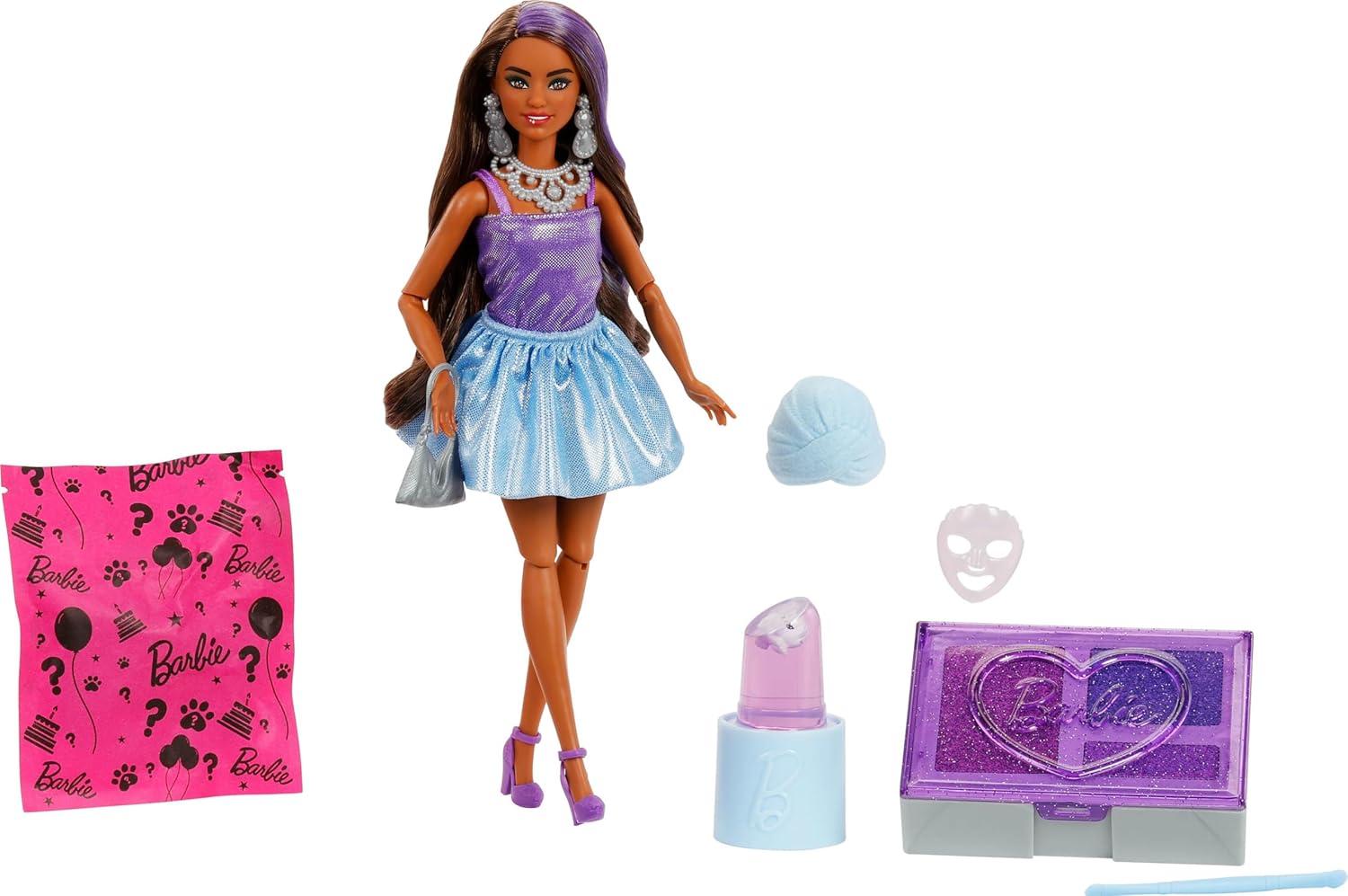 imageBarbie Party Unboxed Doll amp Accessories Glam Party Series with 10 Surprises Including ColorChange Pink Sparkle DollPurple