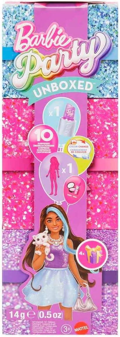 imageBarbie Party Unboxed Doll amp Accessories Glam Party Series with 10 Surprises Including ColorChange Pink Sparkle DollPurple