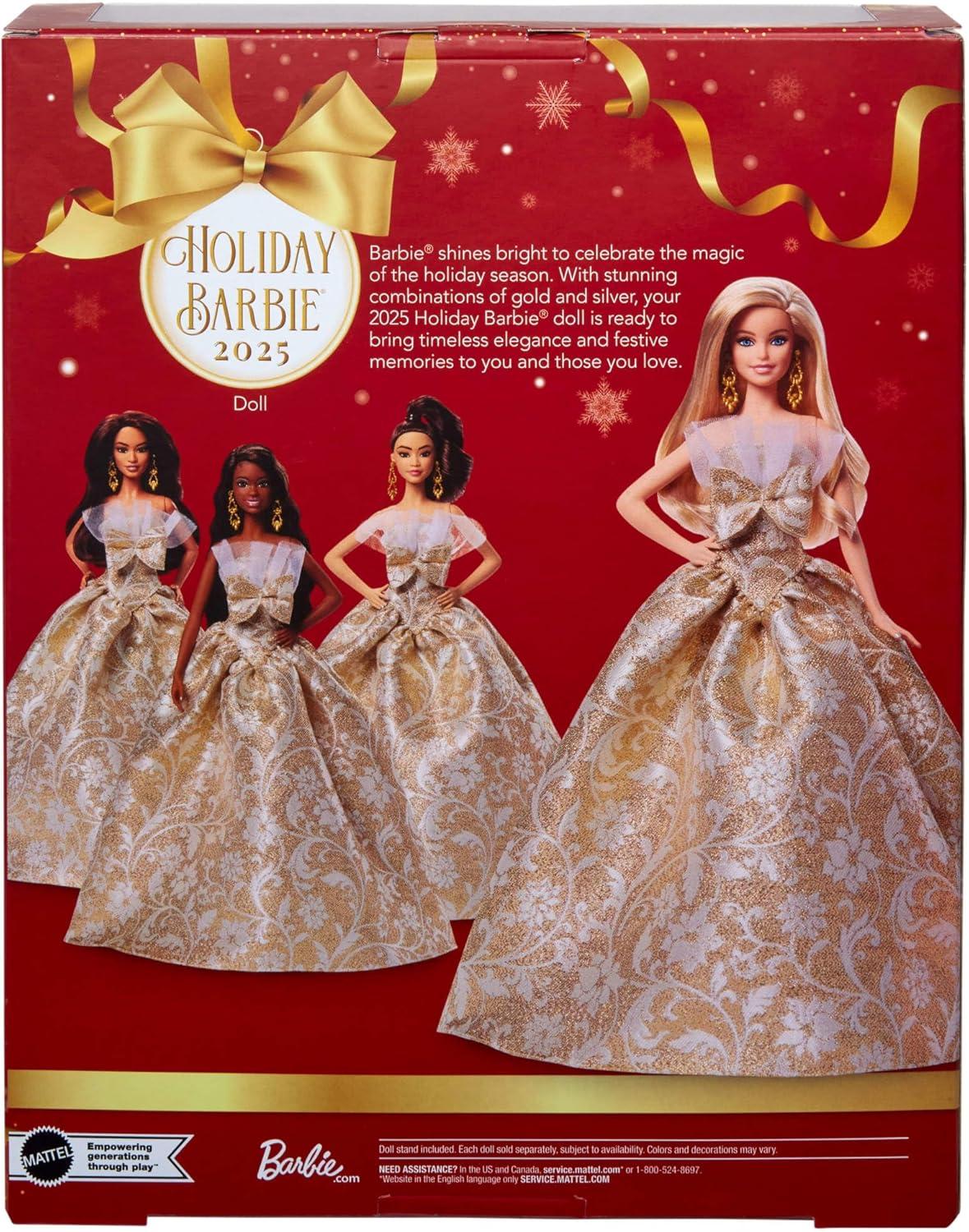 imageBarbie Signature 2025 Holiday Blonde Fashion Doll Wearing Silver amp Gold Gown Seasonal Collector in Displayable Packaging amp StandBlonde