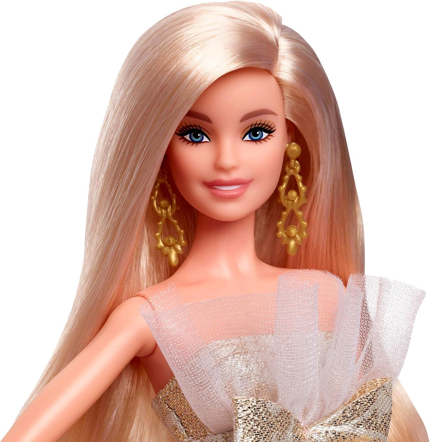 imageBarbie Signature 2025 Holiday Blonde Fashion Doll Wearing Silver amp Gold Gown Seasonal Collector in Displayable Packaging amp StandBlonde
