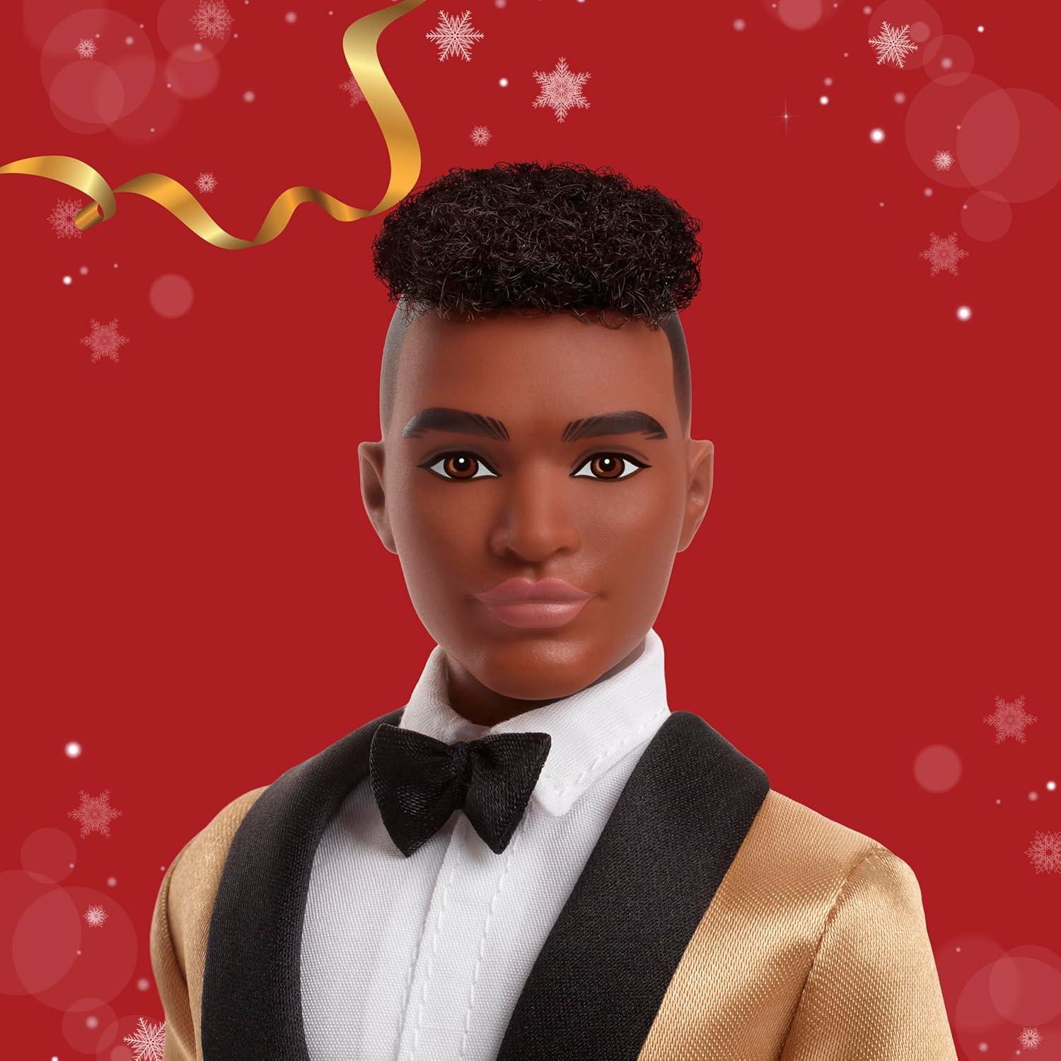 imageBarbie Signature 2025 Holiday Dark Brown Hair Ken Collectible Fashion Doll Wearing Full Suit with Golden Jacket in Displayable Packaging amp Doll Stand
