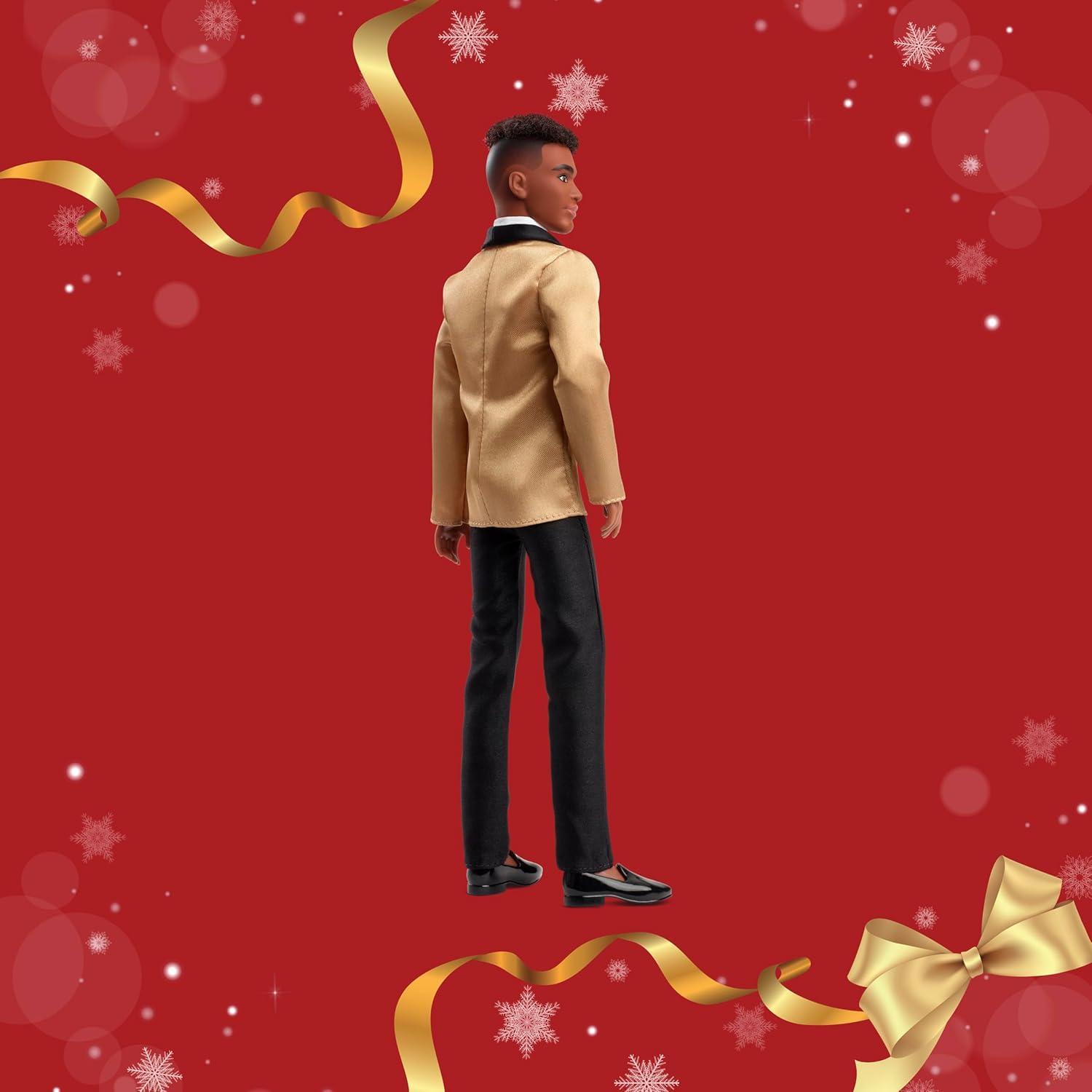 imageBarbie Signature 2025 Holiday Dark Brown Hair Ken Collectible Fashion Doll Wearing Full Suit with Golden Jacket in Displayable Packaging amp Doll Stand