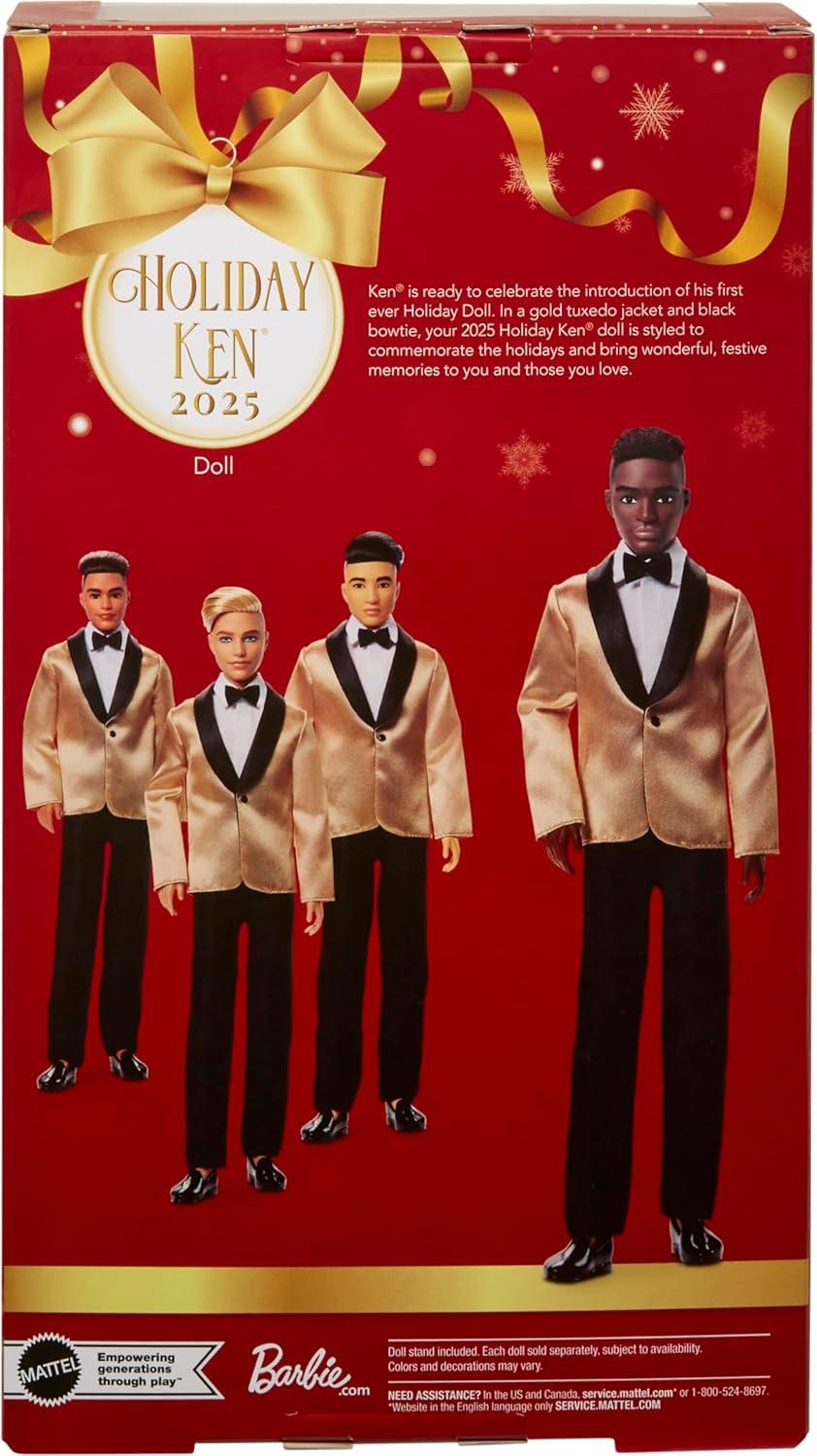 imageBarbie Signature 2025 Holiday Dark Brown Hair Ken Collectible Fashion Doll Wearing Full Suit with Golden Jacket in Displayable Packaging amp Doll Stand