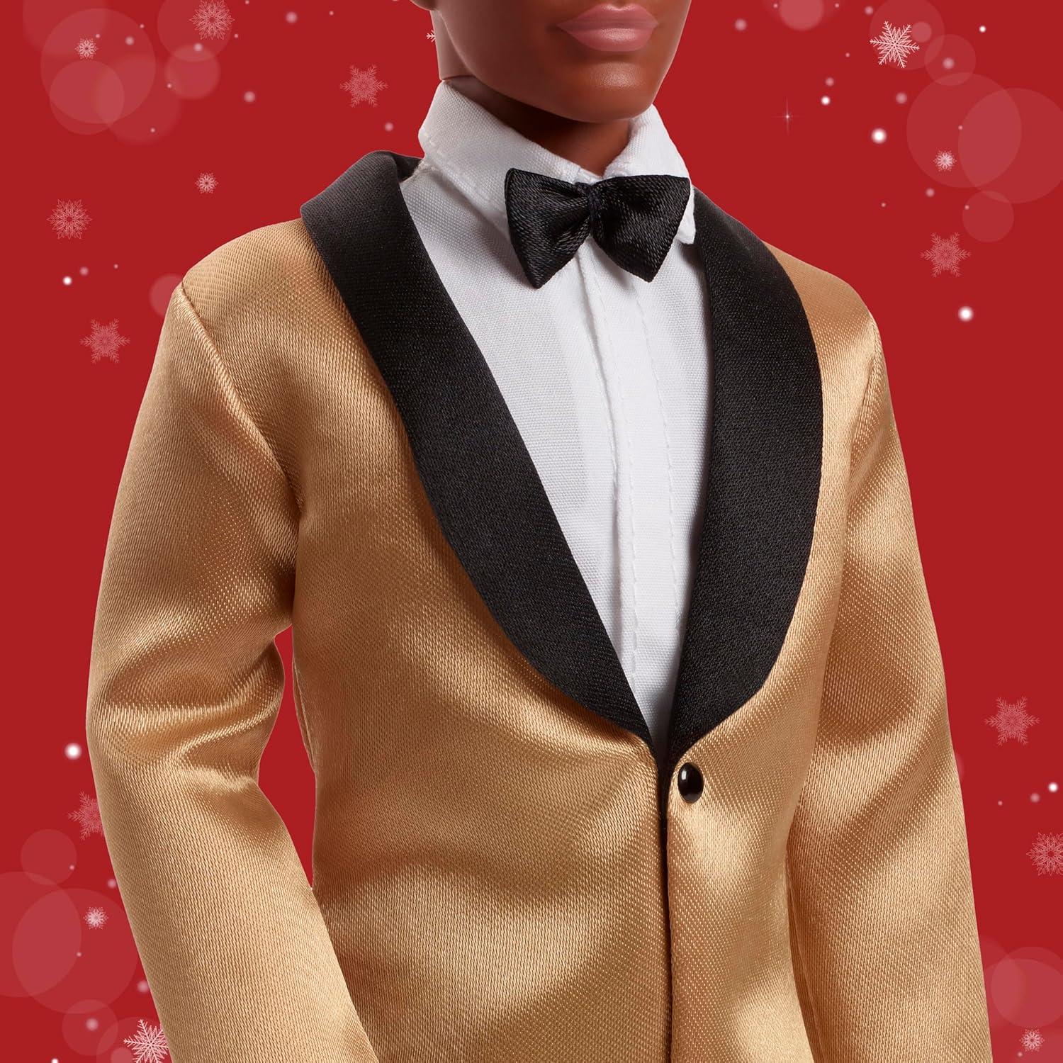 imageBarbie Signature 2025 Holiday Dark Brown Hair Ken Collectible Fashion Doll Wearing Full Suit with Golden Jacket in Displayable Packaging amp Doll Stand