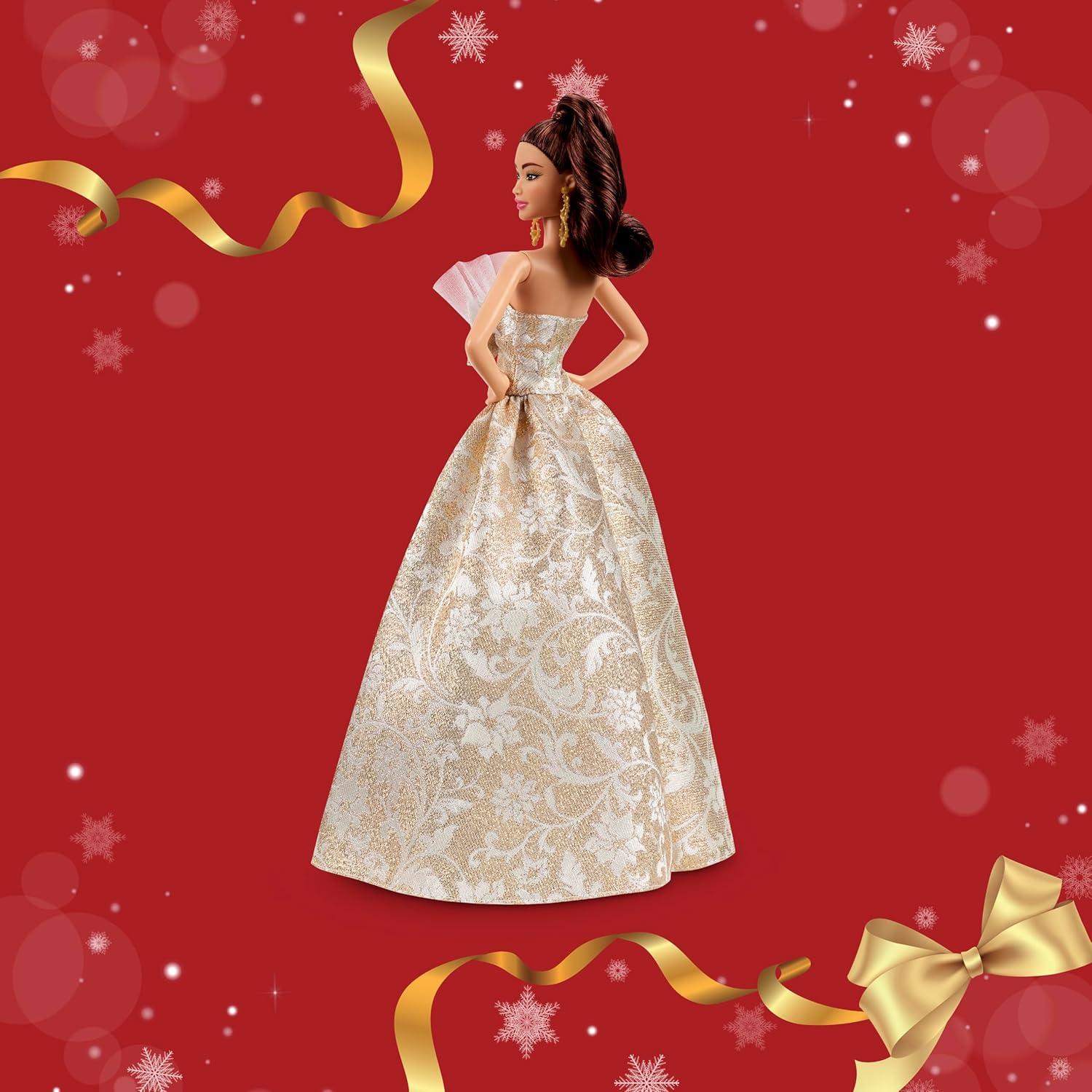 imageBarbie Signature 2025 Holiday Fashion Doll with Light Brown Hair Wearing Silver amp Gold Gown Seasonal Collectible Includes Displayable Packaging amp Doll Stand