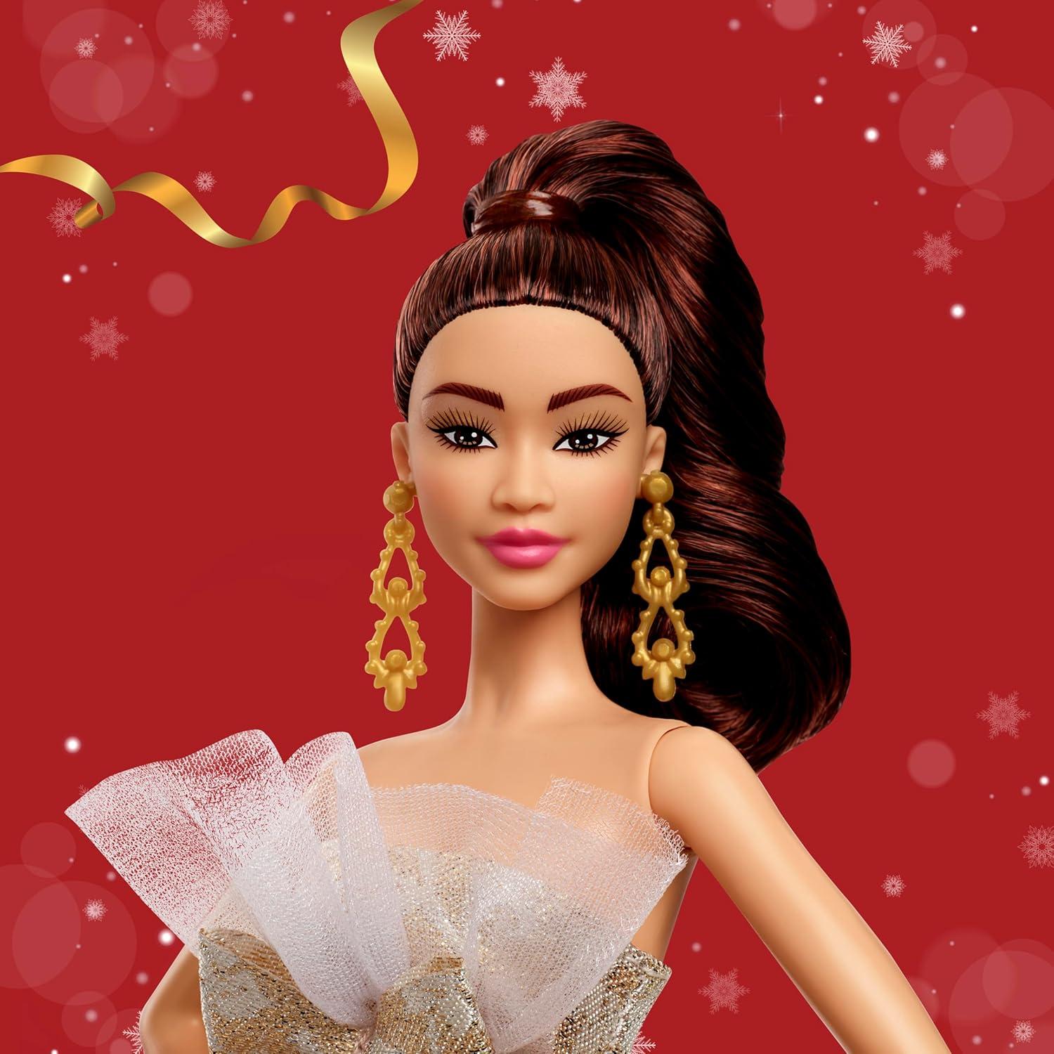 imageBarbie Signature 2025 Holiday Fashion Doll with Light Brown Hair Wearing Silver amp Gold Gown Seasonal Collectible Includes Displayable Packaging amp Doll Stand