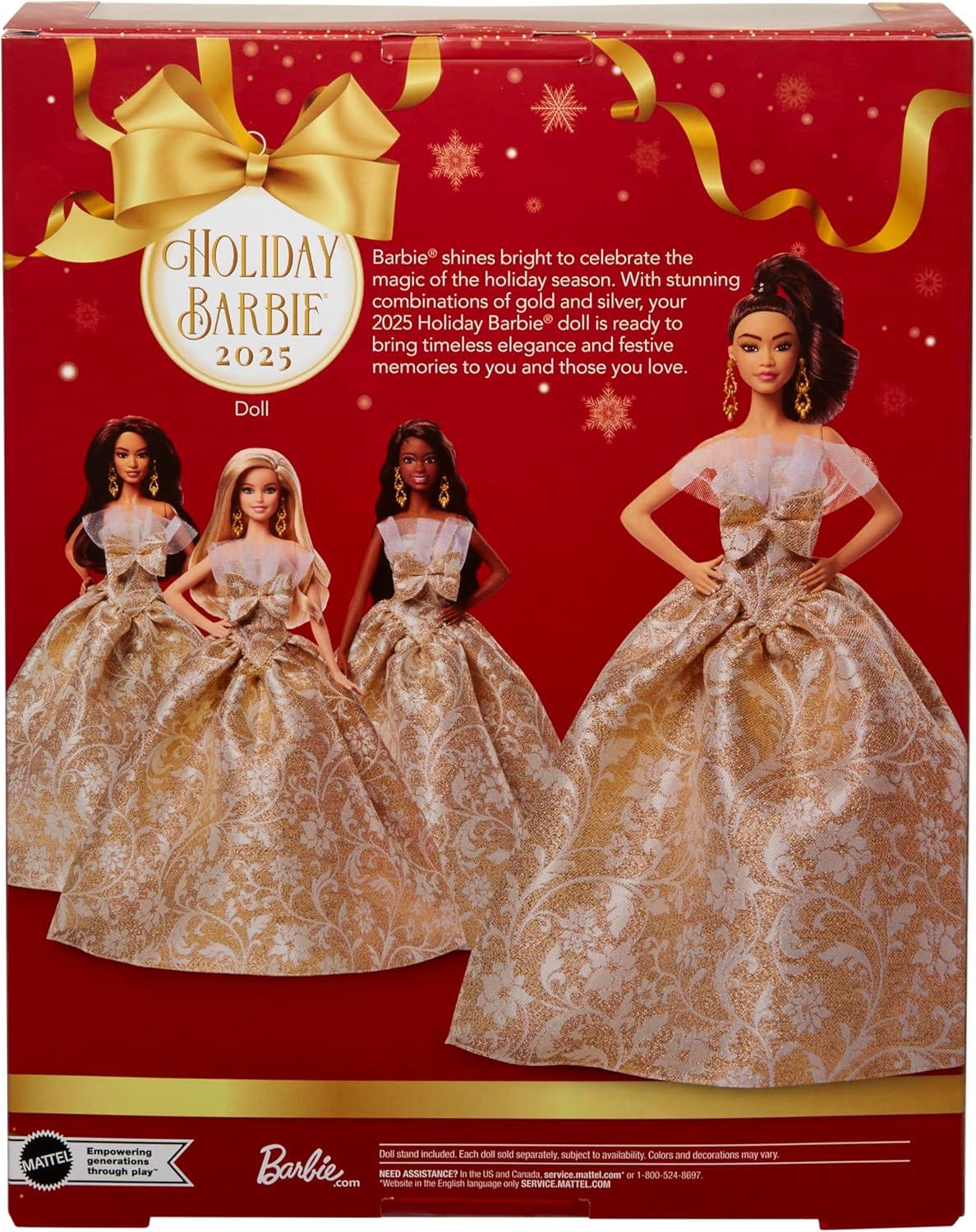imageBarbie Signature 2025 Holiday Fashion Doll with Light Brown Hair Wearing Silver amp Gold Gown Seasonal Collectible Includes Displayable Packaging amp Doll Stand