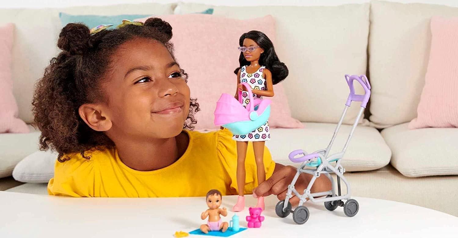 imageBarbie Skipper Babysitters Inc Playset with Skipper Babysitter Doll Brunette Stroller Baby Doll amp 5 Accessories Toy for 3 Year Olds amp UpCurly Brunette