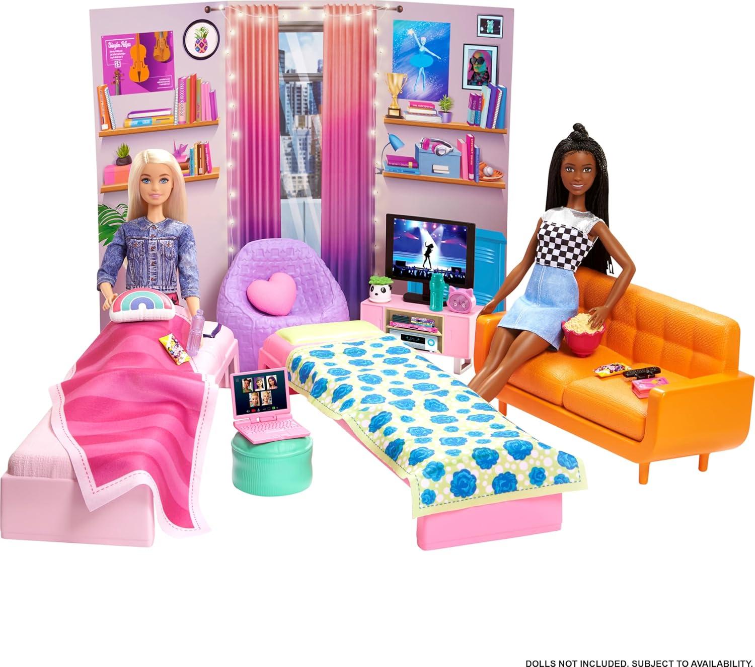 imageBarbie Toy Playset Big City Big Dreams Dorm Room Furniture amp Accessories with 2 Beds Couch Bean Bag Chair amp More
