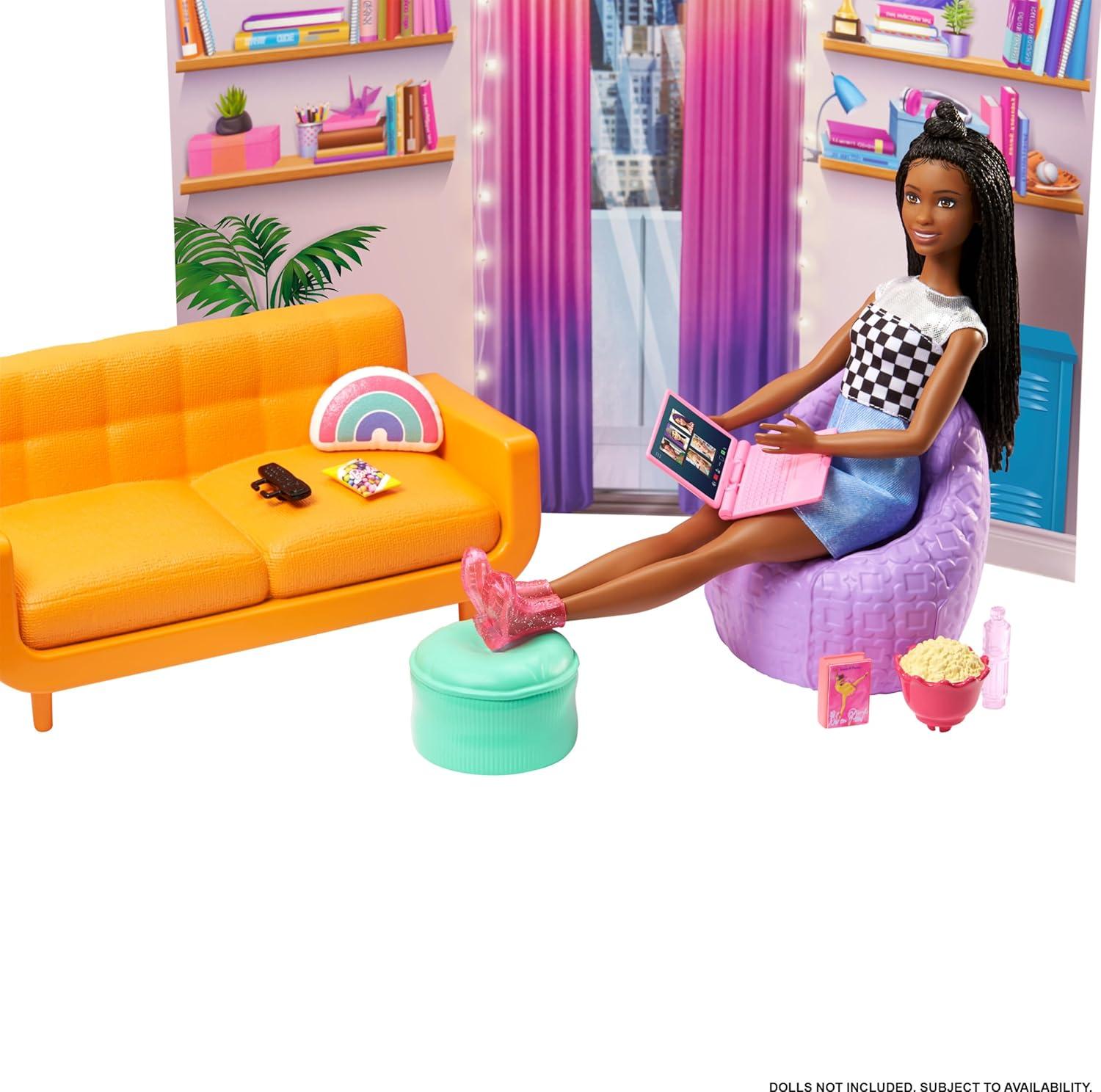 imageBarbie Toy Playset Big City Big Dreams Dorm Room Furniture amp Accessories with 2 Beds Couch Bean Bag Chair amp More