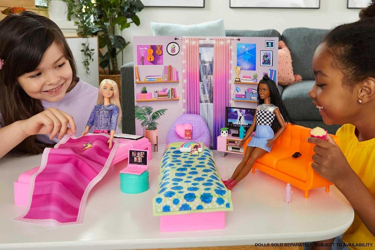 imageBarbie Toy Playset Big City Big Dreams Dorm Room Furniture amp Accessories with 2 Beds Couch Bean Bag Chair amp More