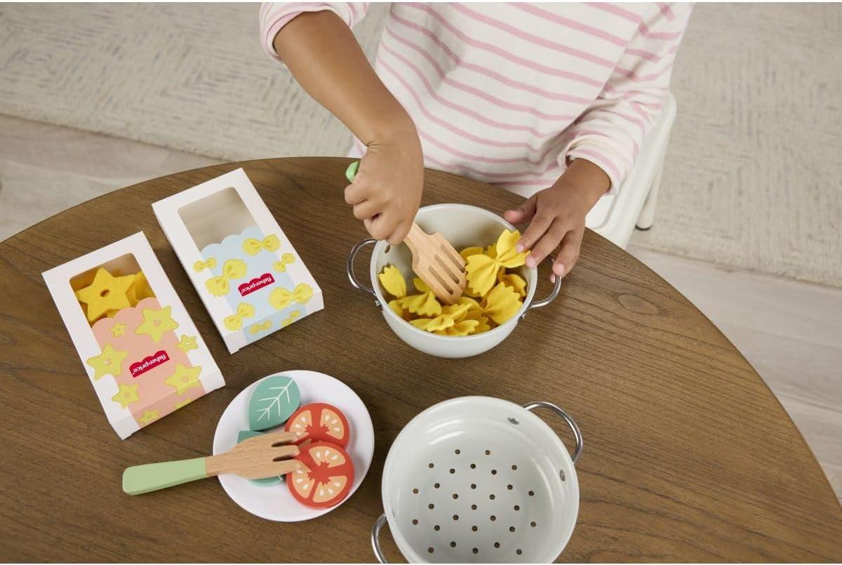 imageFisherPrice Wood Kitchen Pretend Play Toy Pots amp Pans Set 19Piece Playset Wooden Metal amp Fabric for Preschool Kids Ages 3 YearsPasta Chef