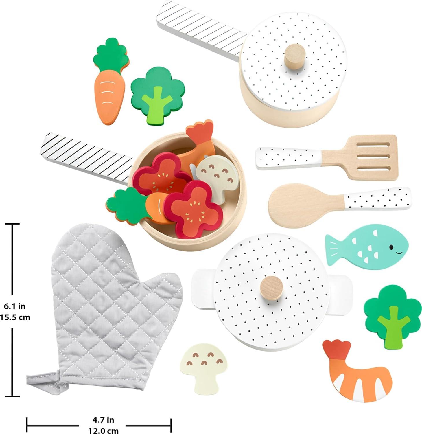 imageFisherPrice Wood Kitchen Pretend Play Toy Pots amp Pans Set 19Piece Playset Wooden Metal amp Fabric for Preschool Kids Ages 3 YearsPots Pans