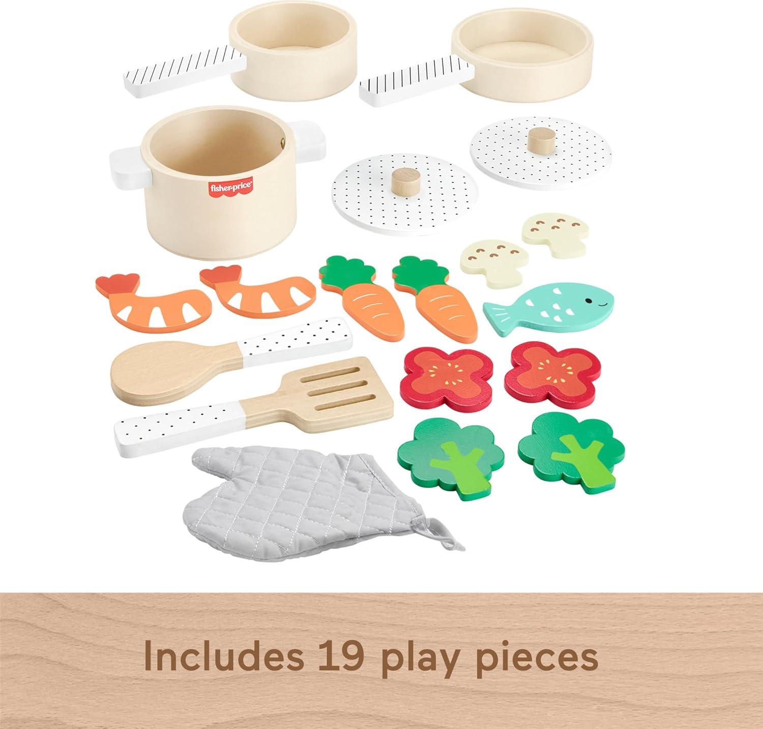 imageFisherPrice Wood Kitchen Pretend Play Toy Pots amp Pans Set 19Piece Playset Wooden Metal amp Fabric for Preschool Kids Ages 3 YearsPots Pans