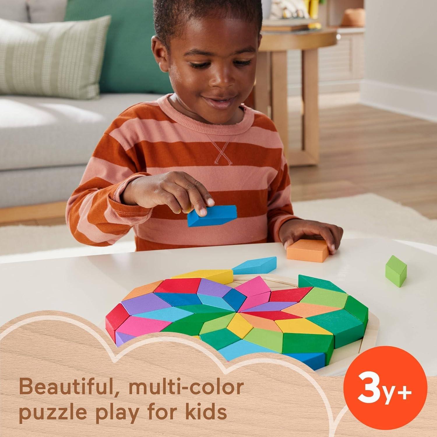 imageFisherPrice Wood Preschool Toy Mandala Puzzle with Geometric Design 41 Wooden Pieces for Kids Ages 3 Years