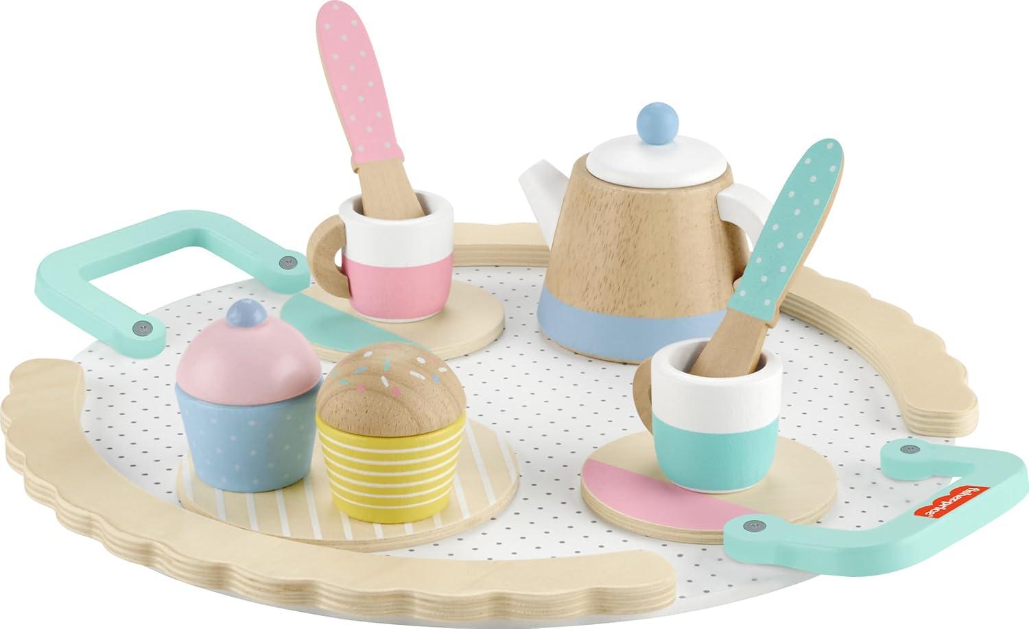 imageFisherPrice Wood Pretend Play Toy Tea Set 12Piece Wooden Playset with Teapot Cups amp Saucers for Preschool Kids Ages 3 YearsMulticolor