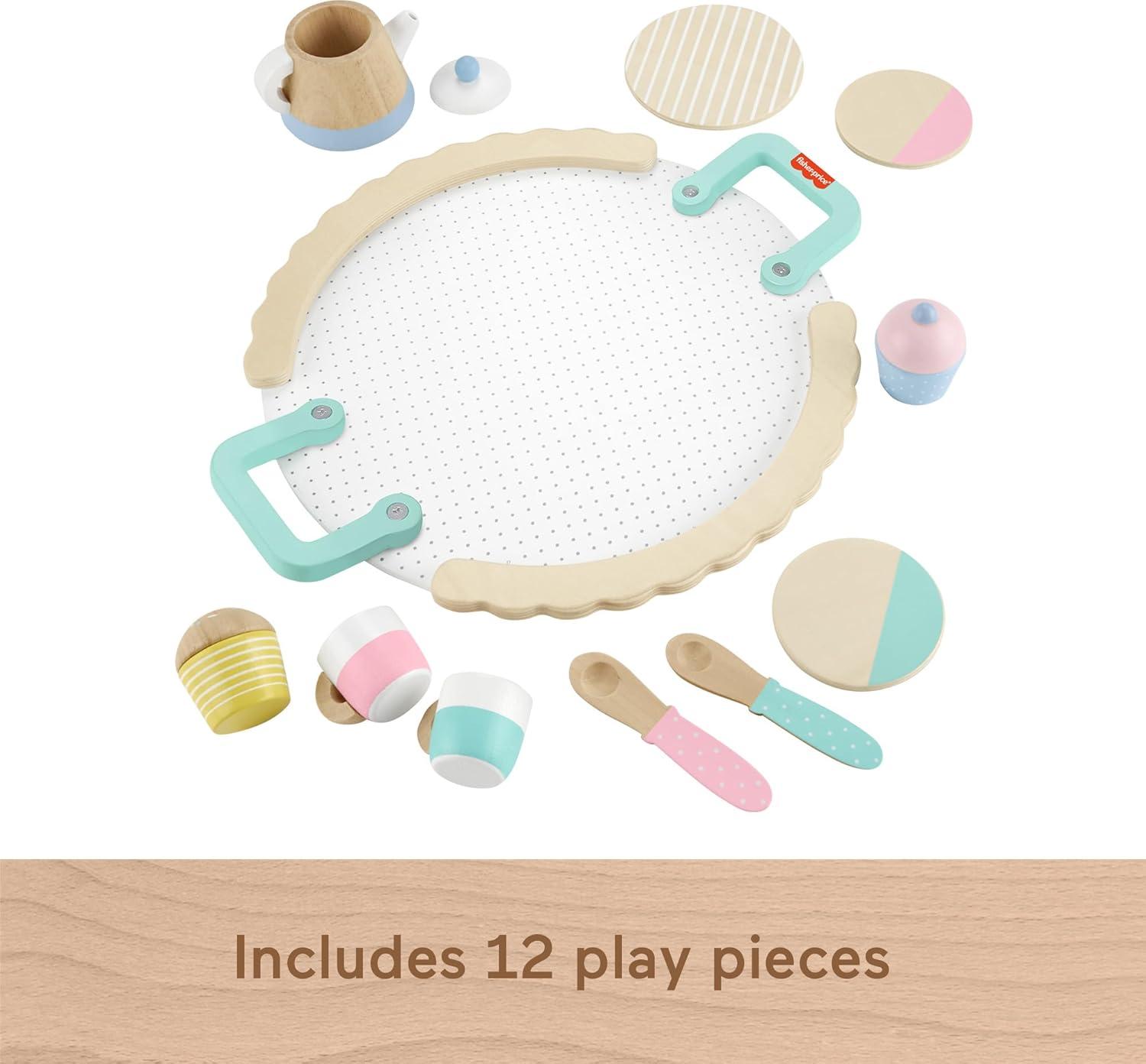 imageFisherPrice Wood Pretend Play Toy Tea Set 12Piece Wooden Playset with Teapot Cups amp Saucers for Preschool Kids Ages 3 YearsMulticolor