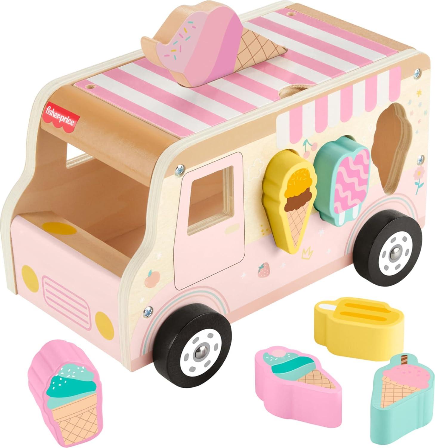 imageFisherPrice Wood Toddler Toy Ice Cream Truck Shape Sorter Set 9 Wooden Pieces for Developmental Play Kids Ages 18 Months Amazon Exclusive