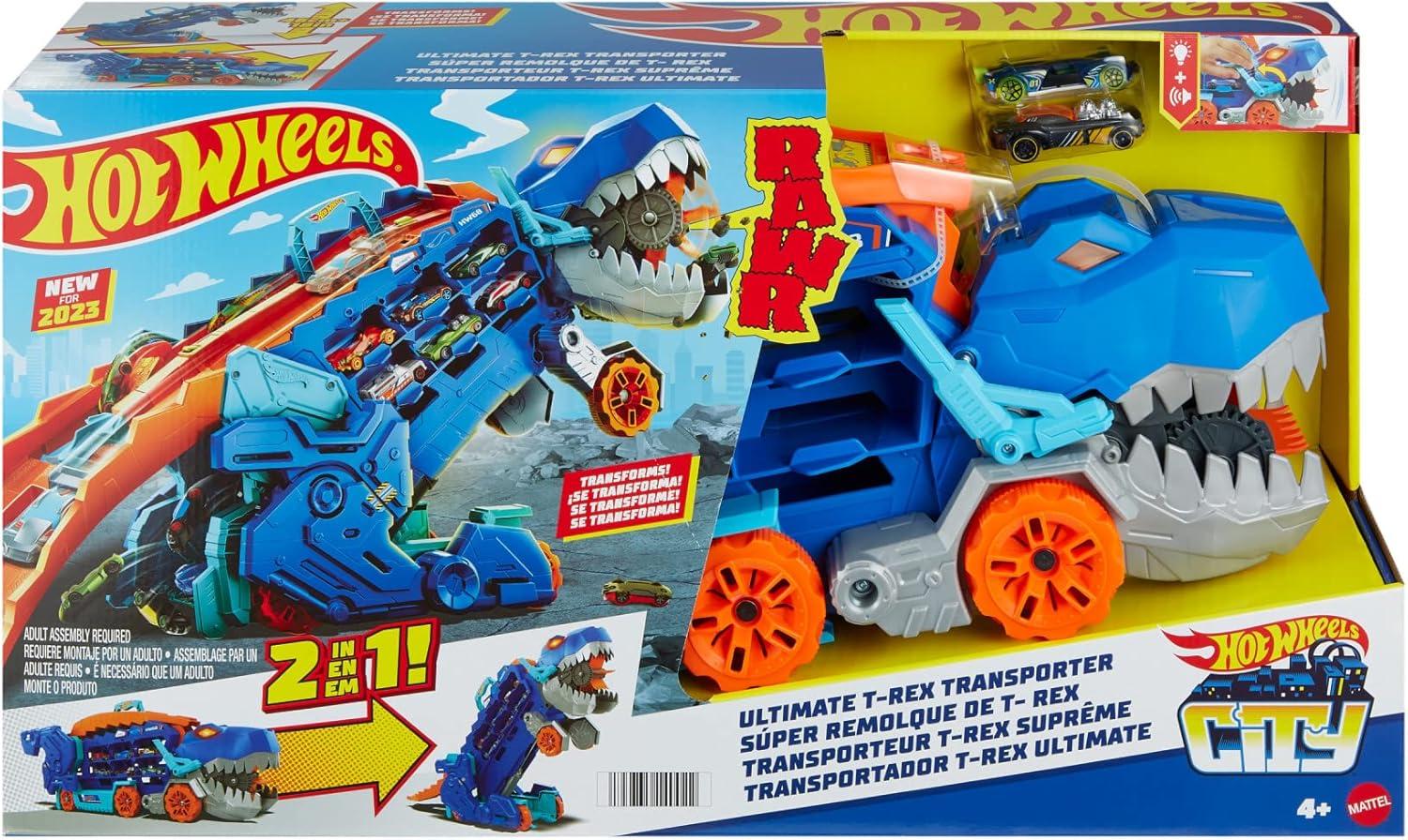 imageHot Wheels City Toy Car Track Set Ultimate TRex Transporter Hauler Transforms into Stomping Dino with Race Track from Netflix Series Lets RaceHauler