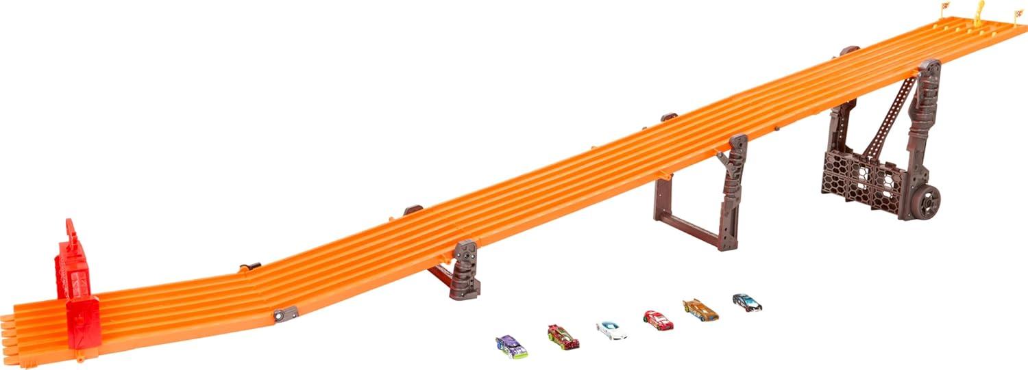 imageHot Wheels Toy Car Playset with Lights Sounds amp 6 164 Scale Vehicles Super 6Lane Raceway 8foot Track that Rolls Up for Storage Amazon ExclusiveRaceway