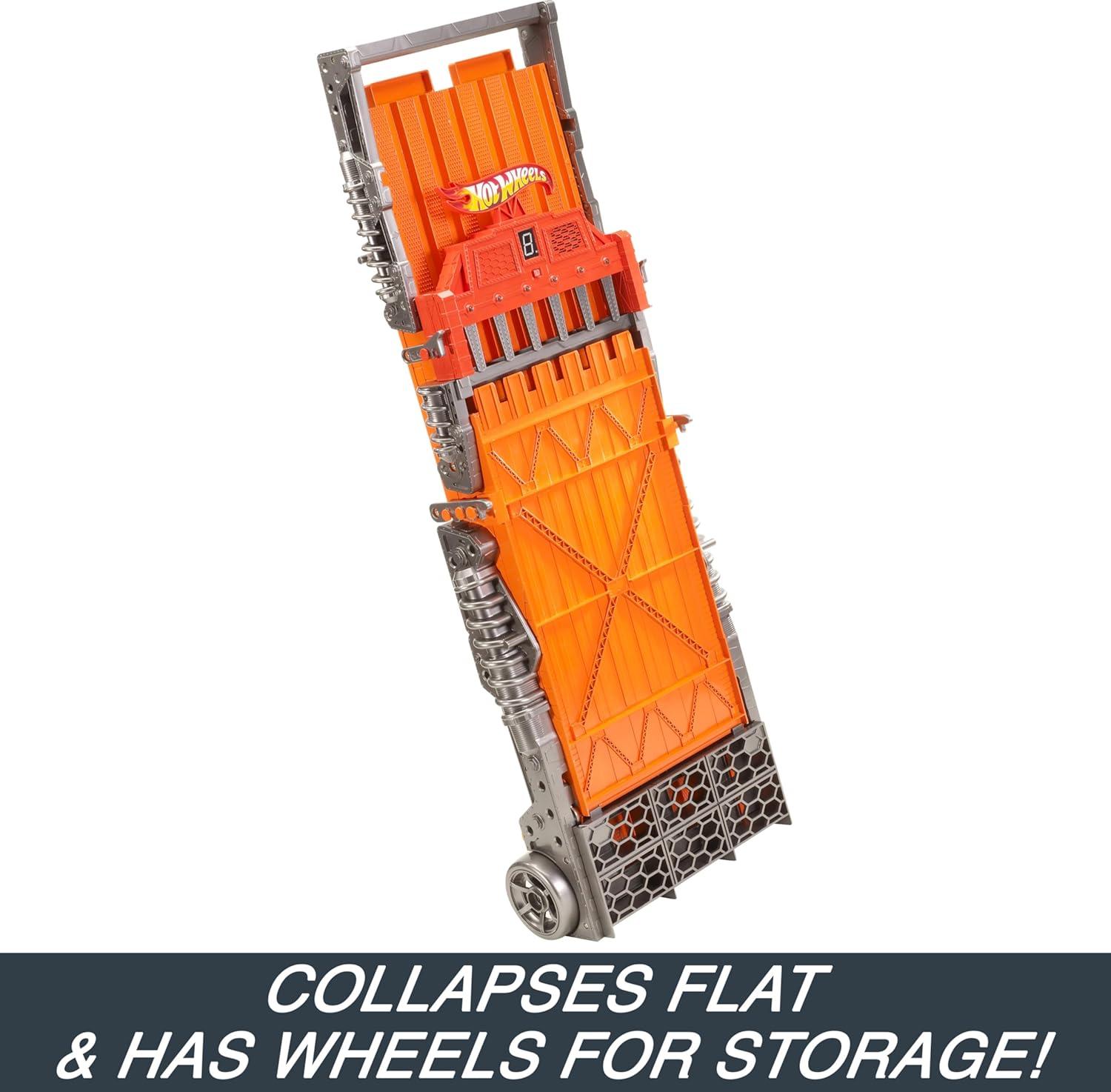 imageHot Wheels Toy Car Playset with Lights Sounds amp 6 164 Scale Vehicles Super 6Lane Raceway 8foot Track that Rolls Up for Storage Amazon ExclusiveRaceway