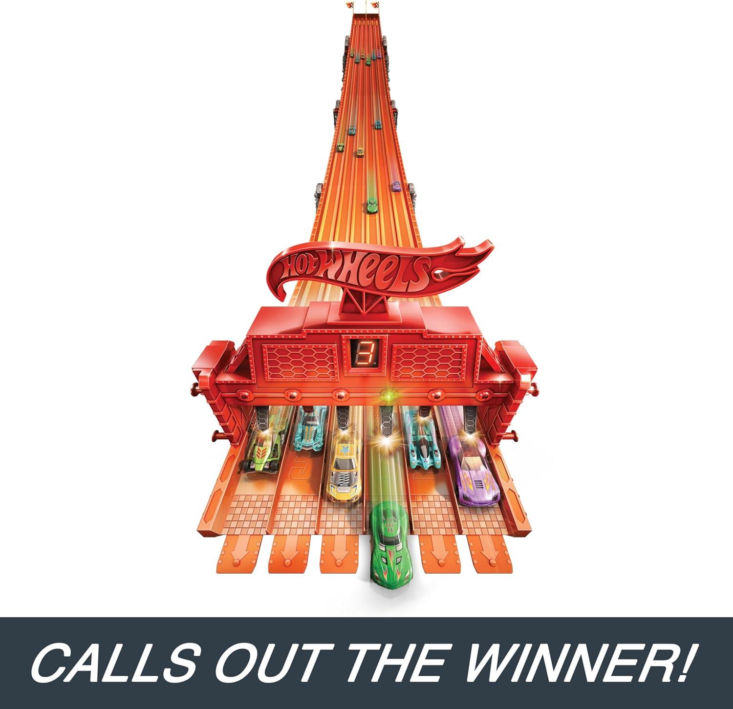 imageHot Wheels Toy Car Playset with Lights Sounds amp 6 164 Scale Vehicles Super 6Lane Raceway 8foot Track that Rolls Up for Storage Amazon ExclusiveRaceway