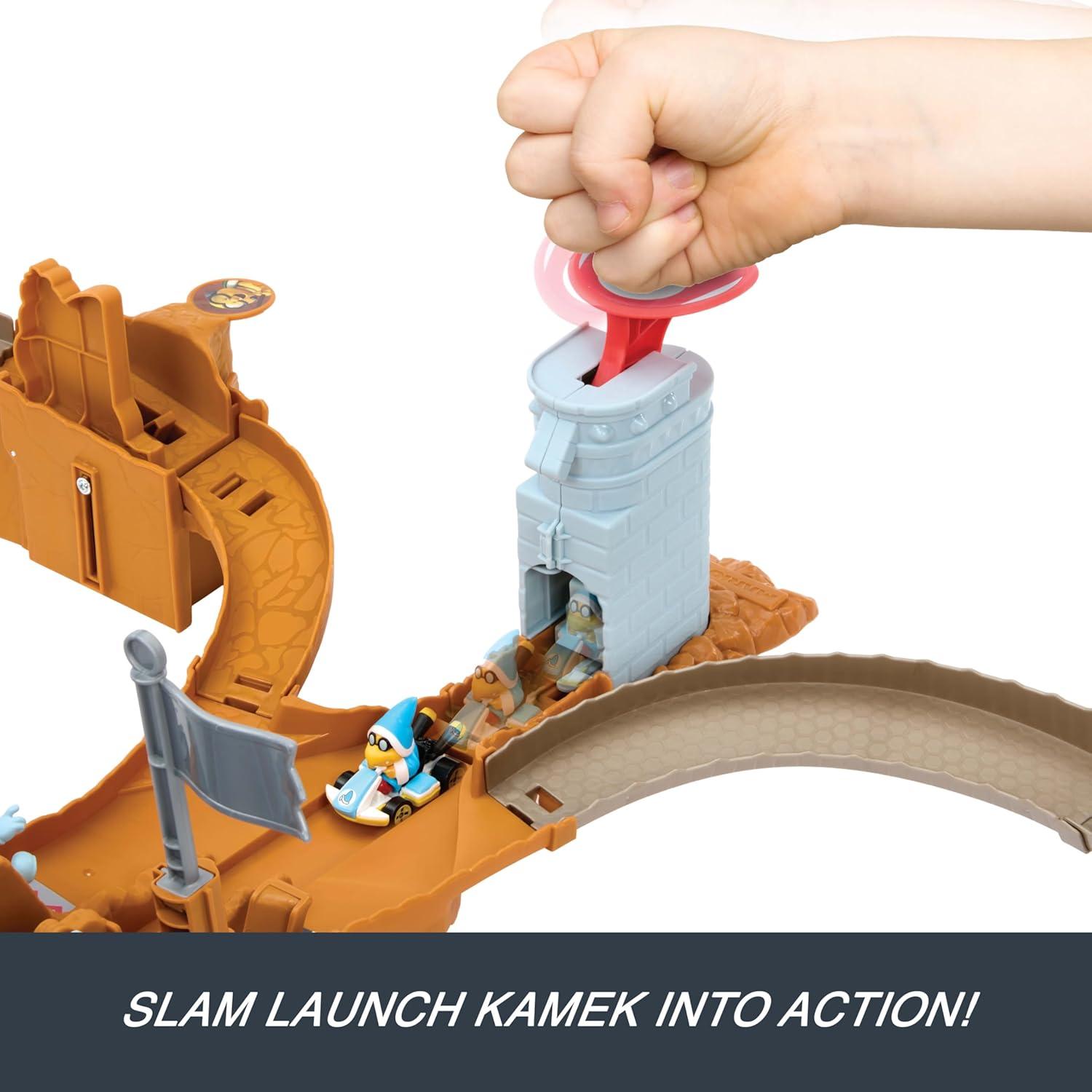 imageHot Wheels Toy Car Track Set Mario Kart Bowsers Castle Playset amp 164 Scale DieCast Kamek Interactive Play with Storage for 30 VehiclesBowser Track Set