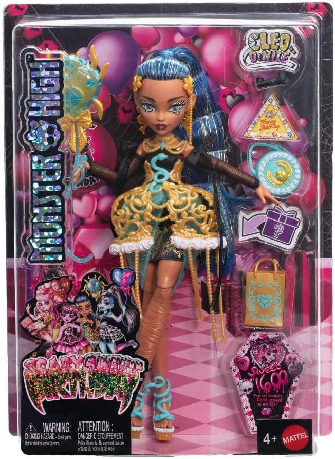 imageMonster High Scary Sweet Birthday Doll Draculaura in Pink Party Dress with Themed Accessories Like Invite Balloon Gift Fan and MoreCleo De Nile