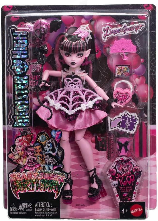 imageMonster High Scary Sweet Birthday Doll Draculaura in Pink Party Dress with Themed Accessories Like Invite Balloon Gift Fan and MoreDraculaura
