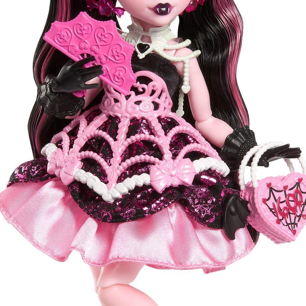 imageMonster High Scary Sweet Birthday Doll Draculaura in Pink Party Dress with Themed Accessories Like Invite Balloon Gift Fan and MoreDraculaura