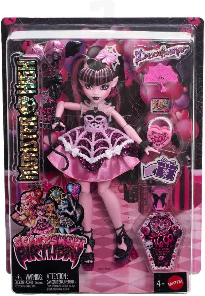 imageMonster High Scary Sweet Birthday Doll Draculaura in Pink Party Dress with Themed Accessories Like Invite Balloon Gift Fan and MoreDraculaura