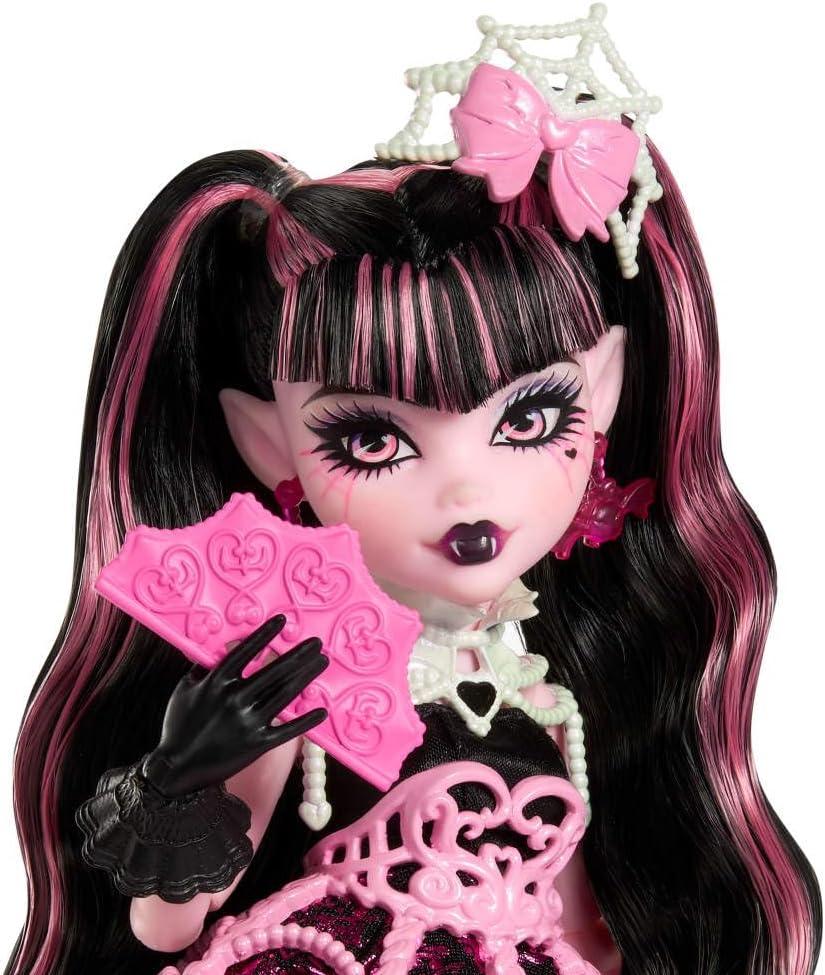 imageMonster High Scary Sweet Birthday Doll Draculaura in Pink Party Dress with Themed Accessories Like Invite Balloon Gift Fan and MoreDraculaura