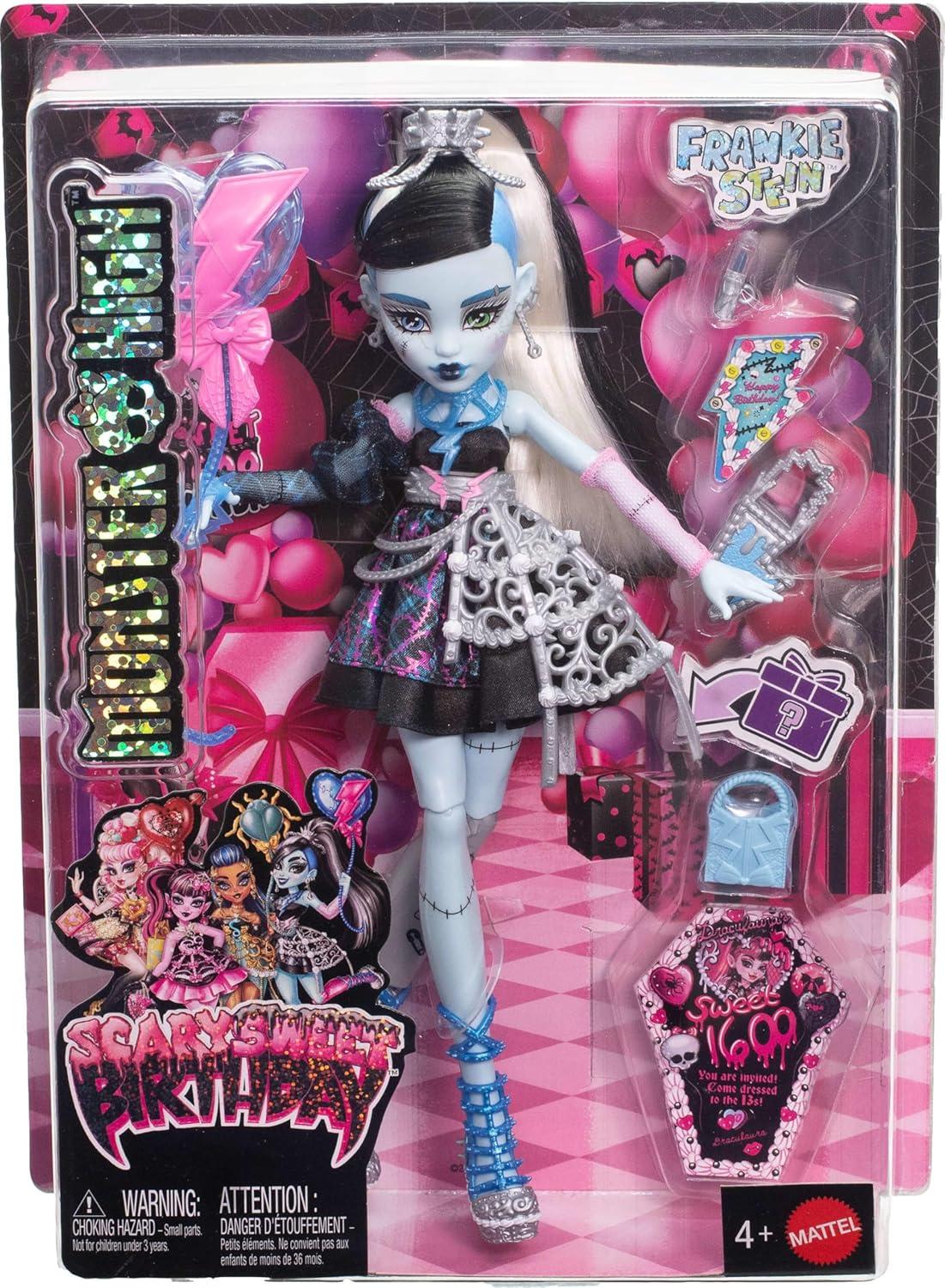 imageMonster High Scary Sweet Birthday Doll Draculaura in Pink Party Dress with Themed Accessories Like Invite Balloon Gift Fan and MoreFrankie Stein