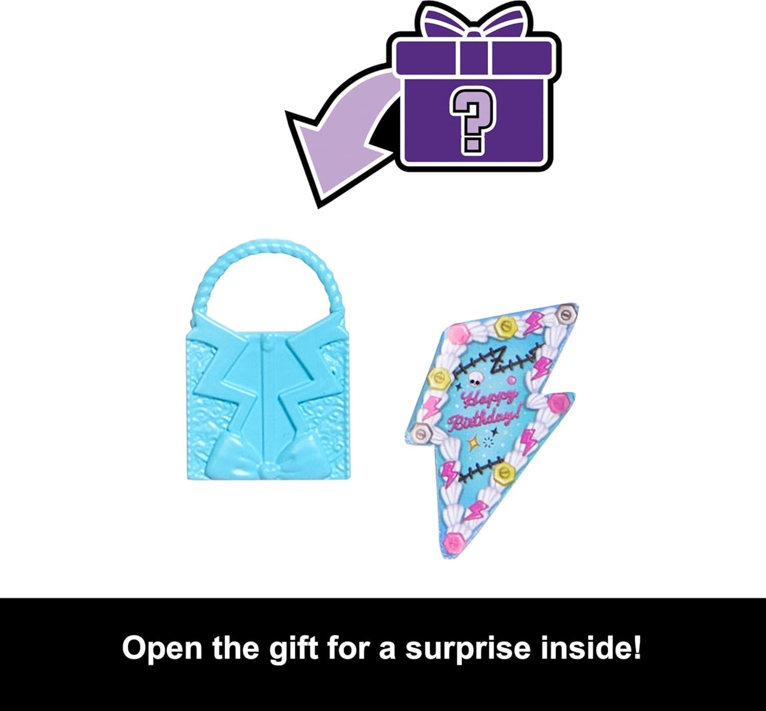 imageMonster High Scary Sweet Birthday Doll Draculaura in Pink Party Dress with Themed Accessories Like Invite Balloon Gift Fan and MoreFrankie Stein