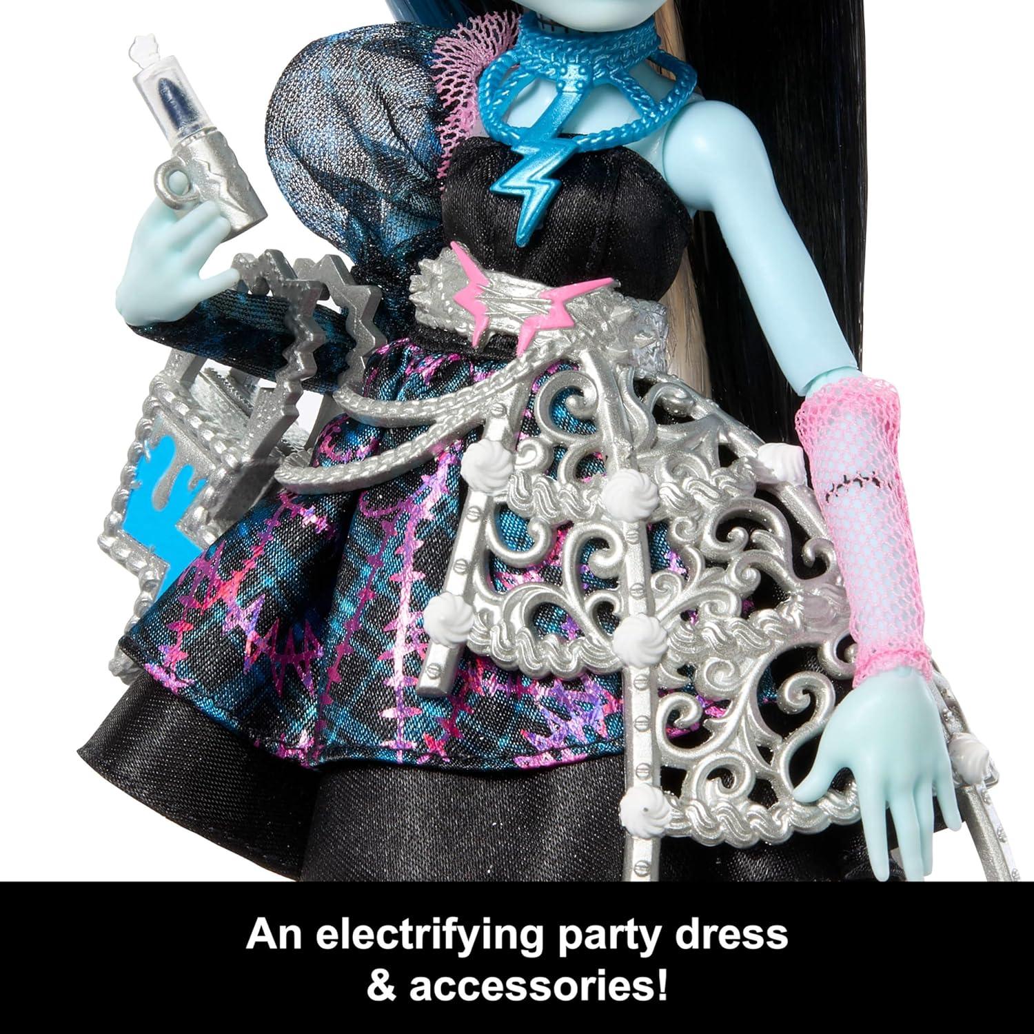 imageMonster High Scary Sweet Birthday Doll Draculaura in Pink Party Dress with Themed Accessories Like Invite Balloon Gift Fan and MoreFrankie Stein