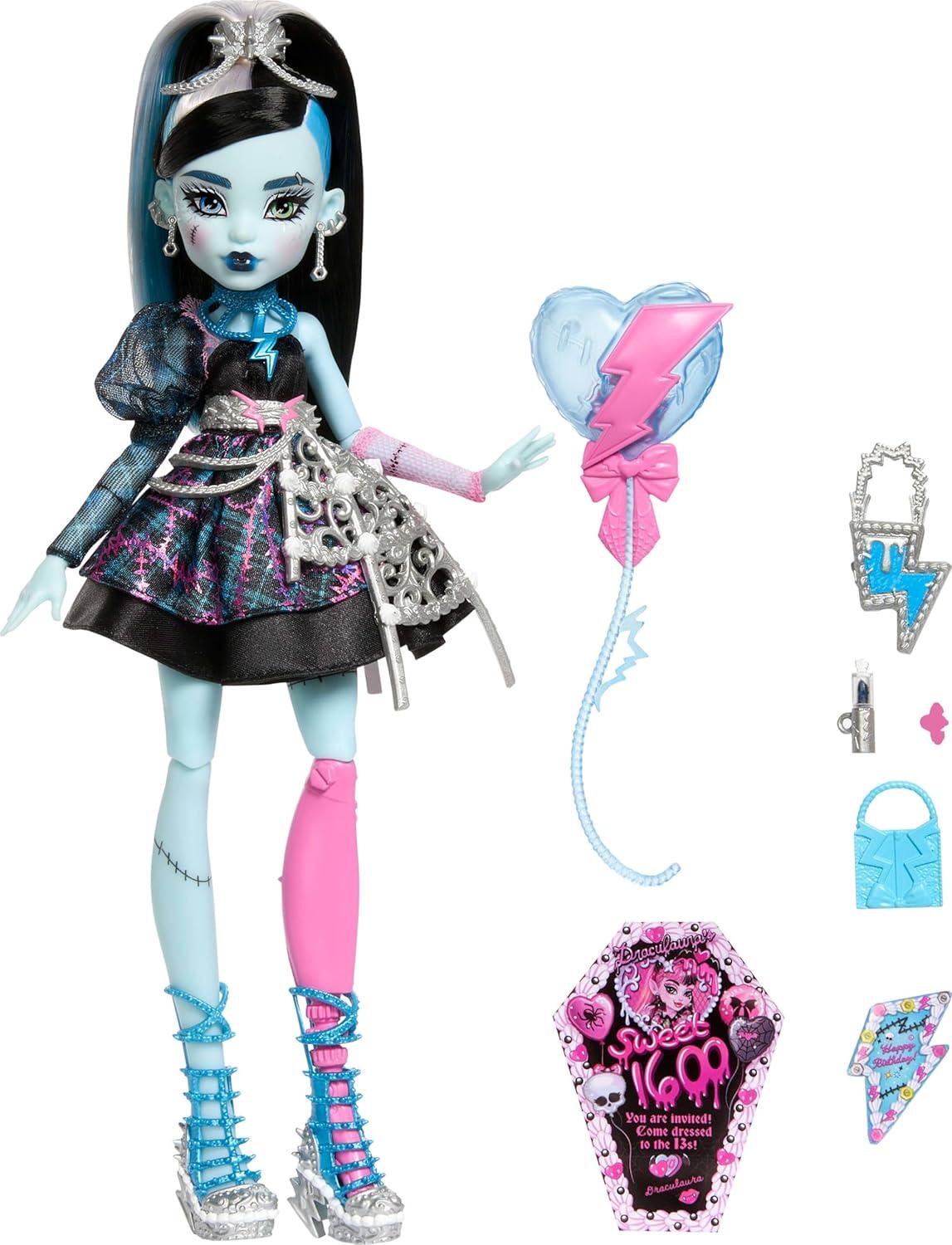 imageMonster High Scary Sweet Birthday Doll Draculaura in Pink Party Dress with Themed Accessories Like Invite Balloon Gift Fan and MoreFrankie Stein
