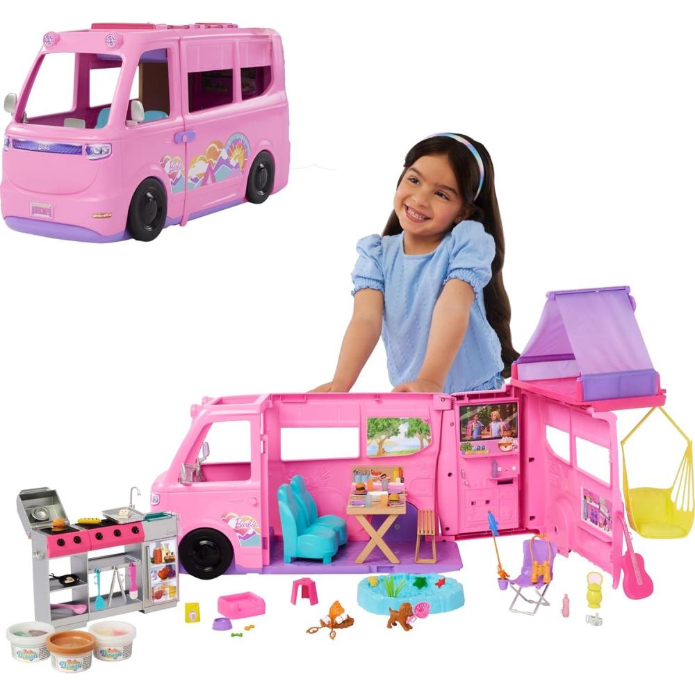 imageBarbie Dream Camper New for 2025 Playset with Roof Tent Swing Chair Fishing Pond BBQ Grill with ColorChange Feature amp 60 Accessories Including Dough