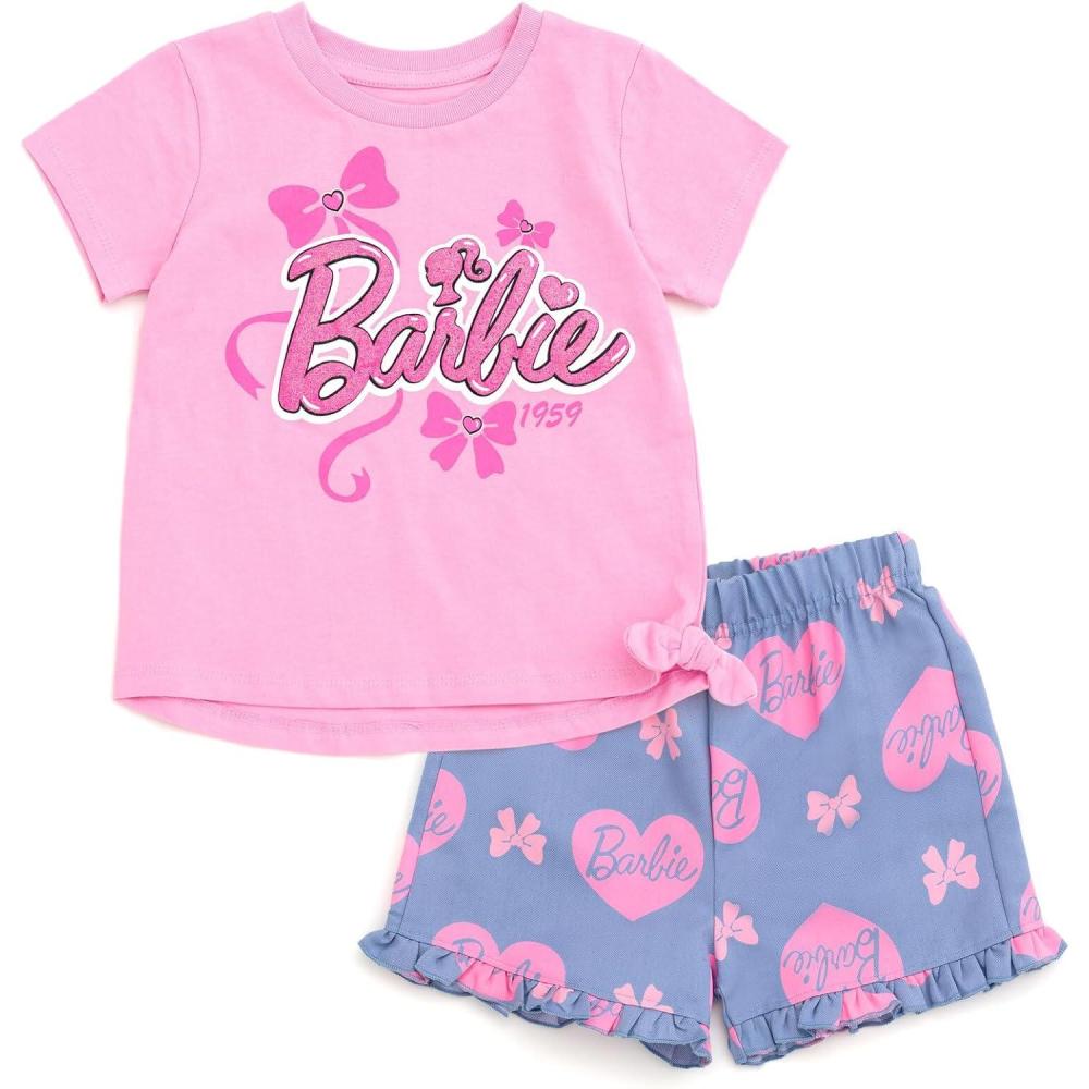imageBarbie Girls Peplum TShirt and Twill Shorts Outfit Set Toddler to Big Kid Sizes 2T  1416Pink  Blue