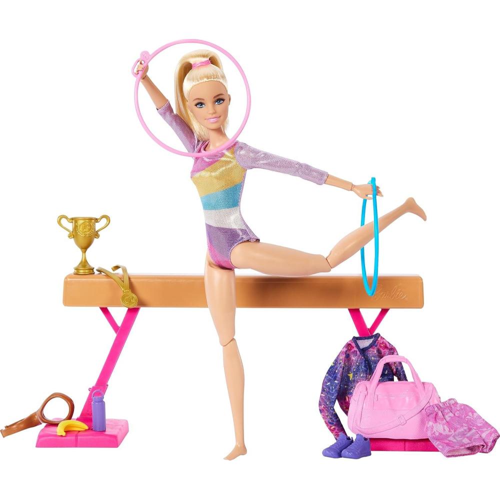 imageBarbie Gymnastics Doll amp Accessories Playset with Blonde Fashion Doll CClip for Flipping Action Balance Beam WarmUp Suit amp More