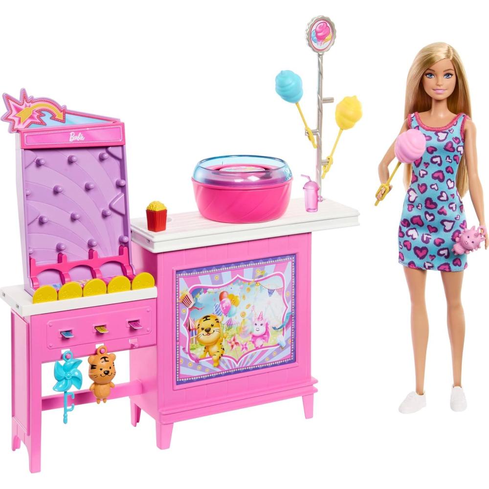 imageBarbie Mysteries Beach Detectives Malibu Doll amp Cotton Candy Game Booth Playset with 20 Accessories Including Prizes