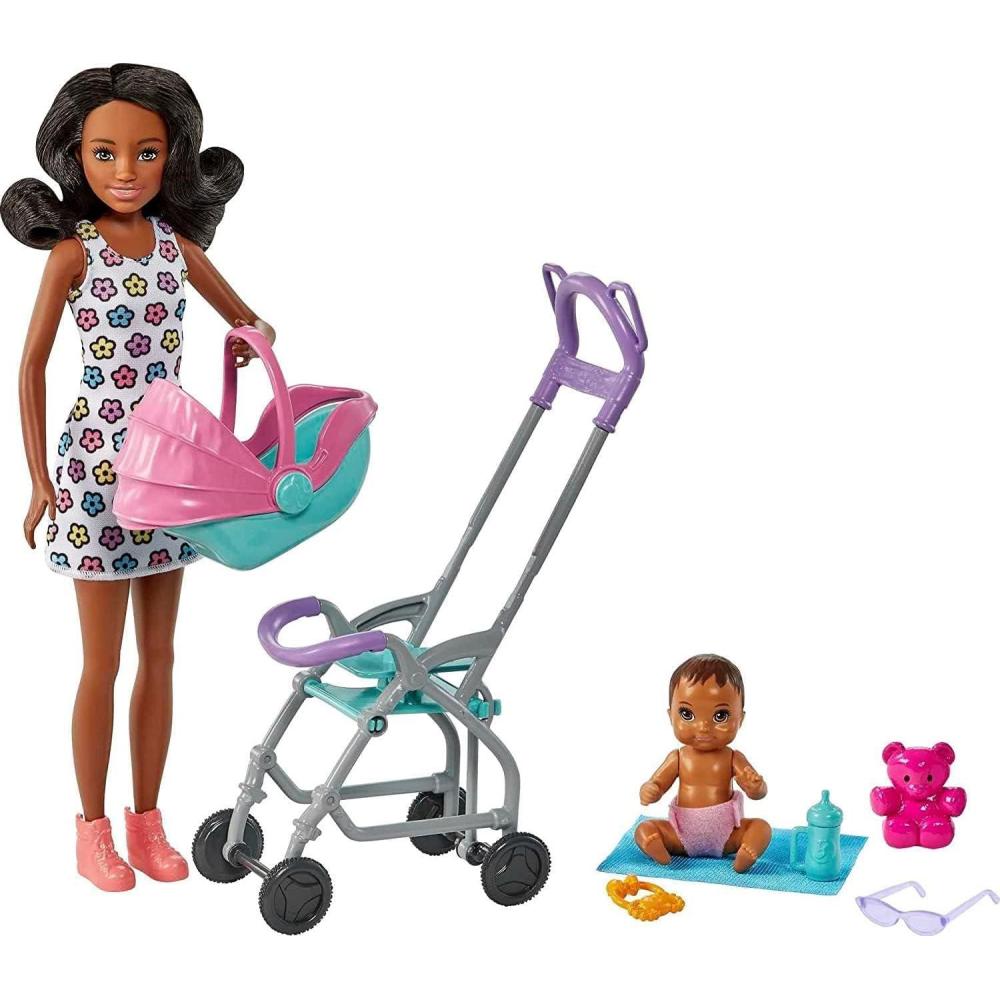imageBarbie Skipper Babysitters Inc Playset with Skipper Babysitter Doll Brunette Stroller Baby Doll amp 5 Accessories Toy for 3 Year Olds amp UpCurly Brunette
