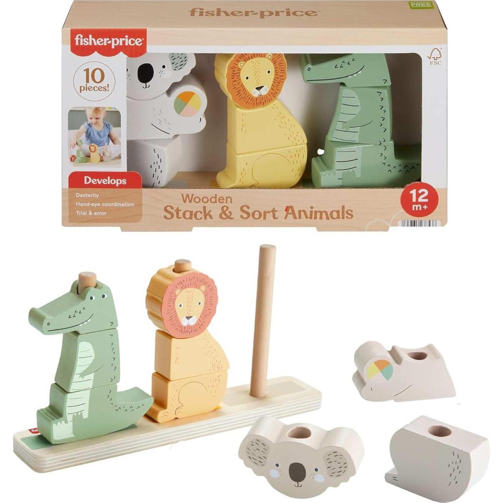 imageFisherPrice Wood Baby Toy Stack amp Sort Animals 10 Wooden Pieces for Developmental Play for Infants amp Toddlers Ages 1 YearsAnimals