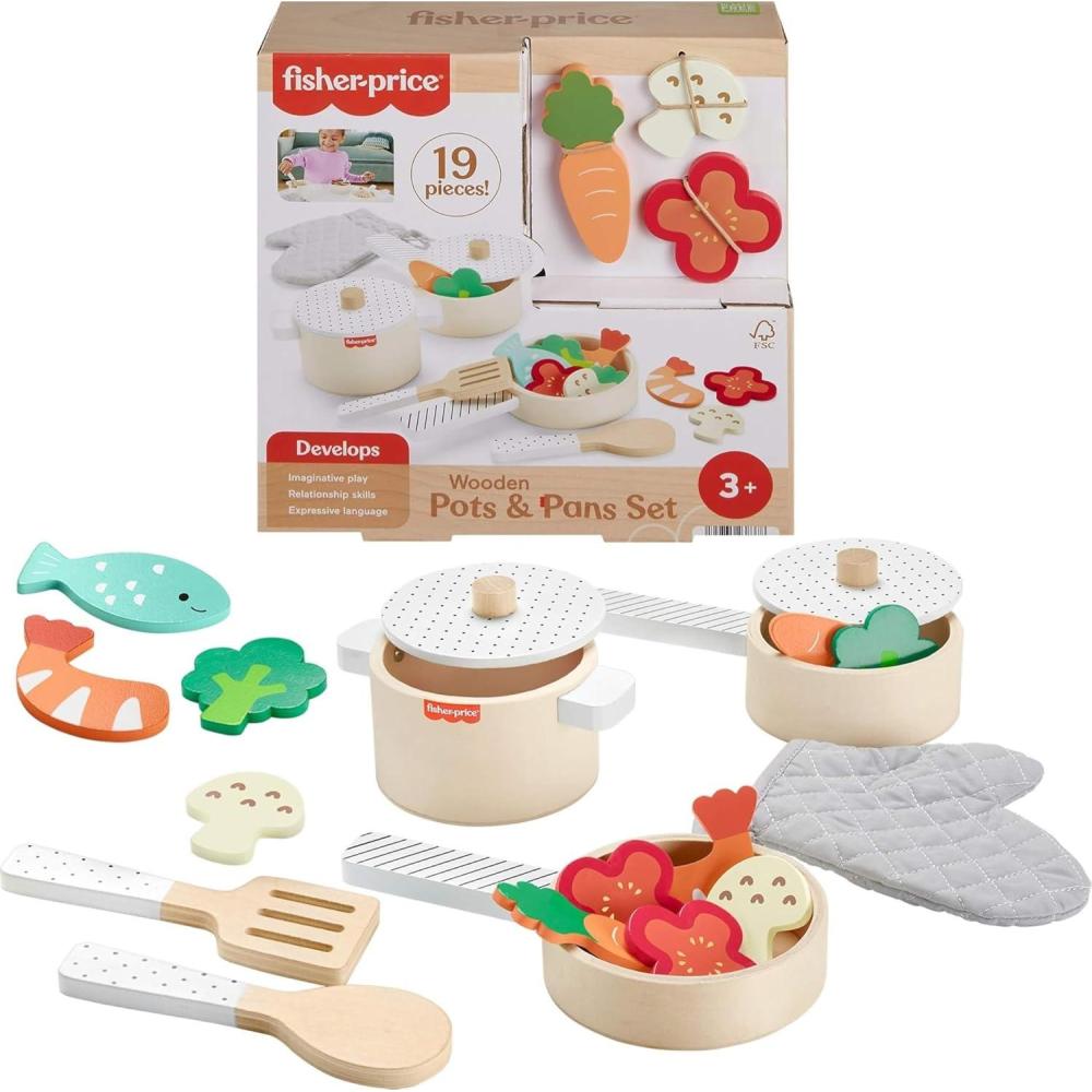 imageFisherPrice Wood Kitchen Pretend Play Toy Pots amp Pans Set 19Piece Playset Wooden Metal amp Fabric for Preschool Kids Ages 3 YearsPots  Pans