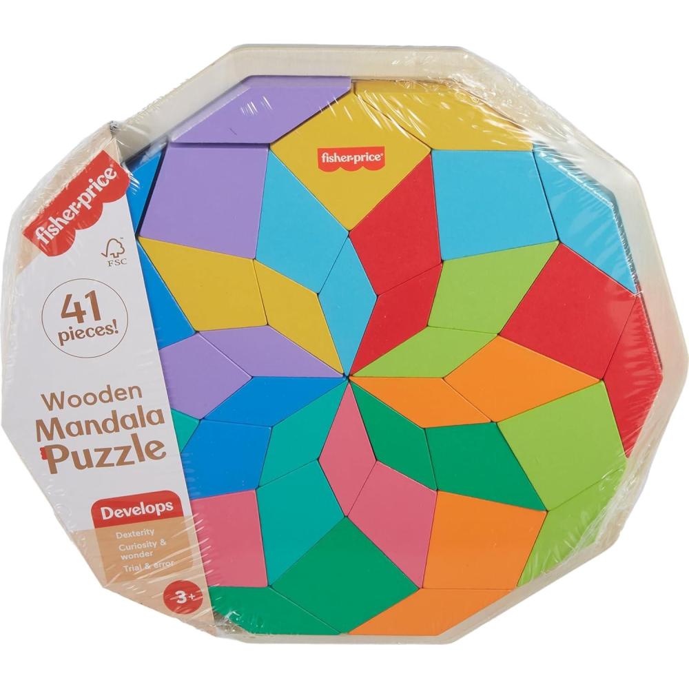 imageFisherPrice Wood Preschool Toy Mandala Puzzle with Geometric Design 41 Wooden Pieces for Kids Ages 3 Years