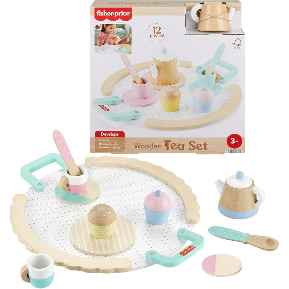 imageFisherPrice Wood Pretend Play Toy Tea Set 12Piece Wooden Playset with Teapot Cups amp Saucers for Preschool Kids Ages 3 YearsMulticolor