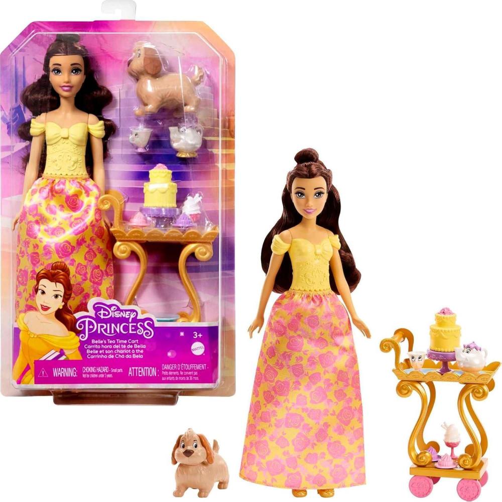 imageMattel Disney Princess Belle Tea Time Fashion Doll amp Playset with Tea Cart 3 Character Friends and Food Accessories