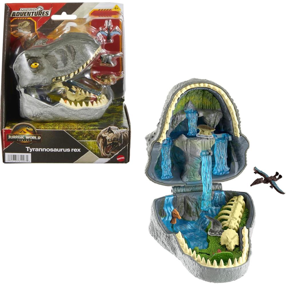 imageMattel Jurassic World Rebirth Micro Adventure Playset Tyrannosaurus Rex Head Opens to 4 Interactive Features 3 Micro Figures T Rex Dinosaur ToyT Rex