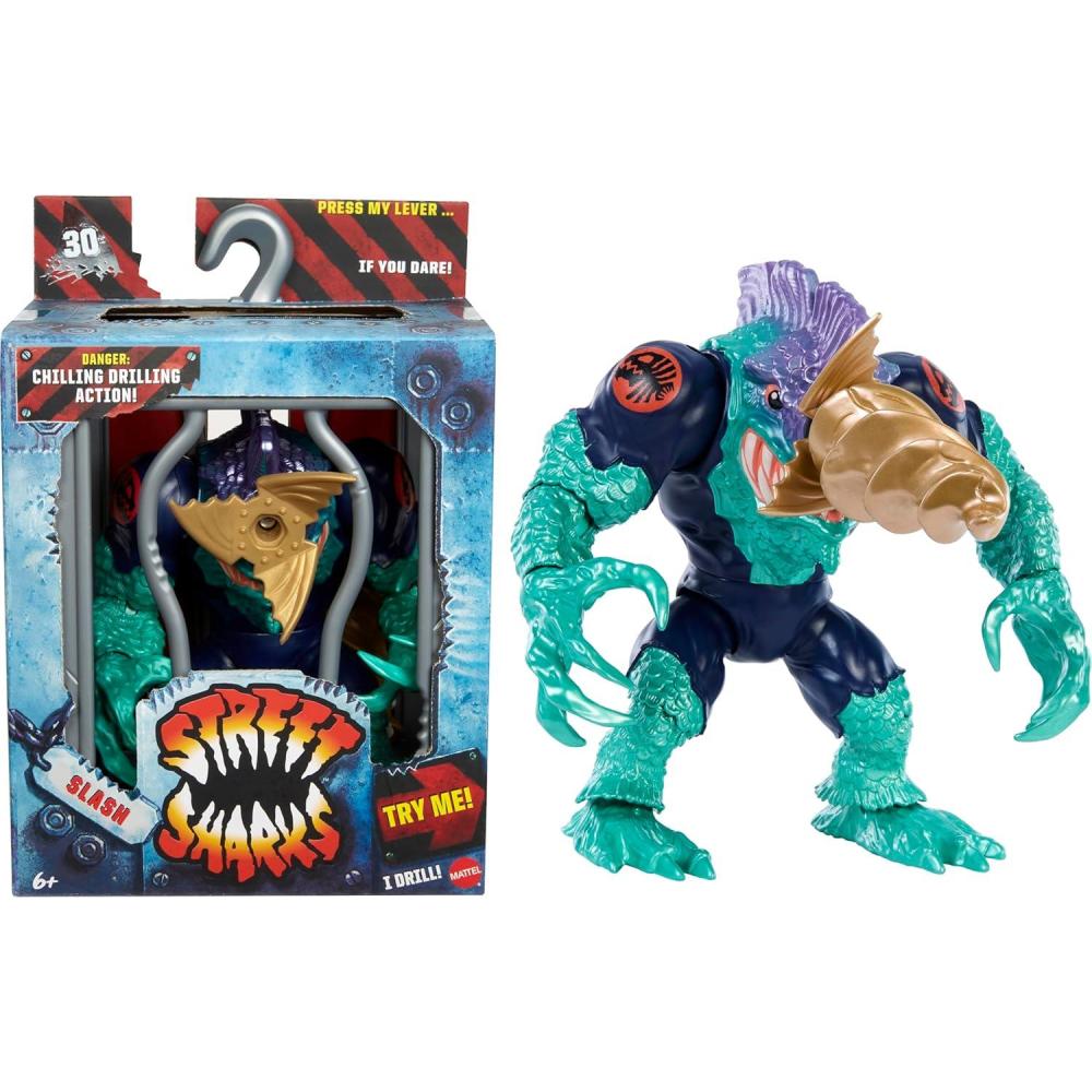imageMattel Street Sharks Action Figure with Bite amp Head Butt Motion Jab Collectible Toy Inspired by 90s TV HalfMan HalfShark Hero 6InchSlash